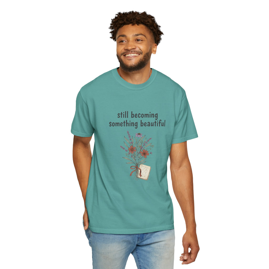 Grace in Progress Faith T-Shirt — Still Becoming Something Beautiful — Vintage Wildflower Christian Tee for Women Healing & Growing