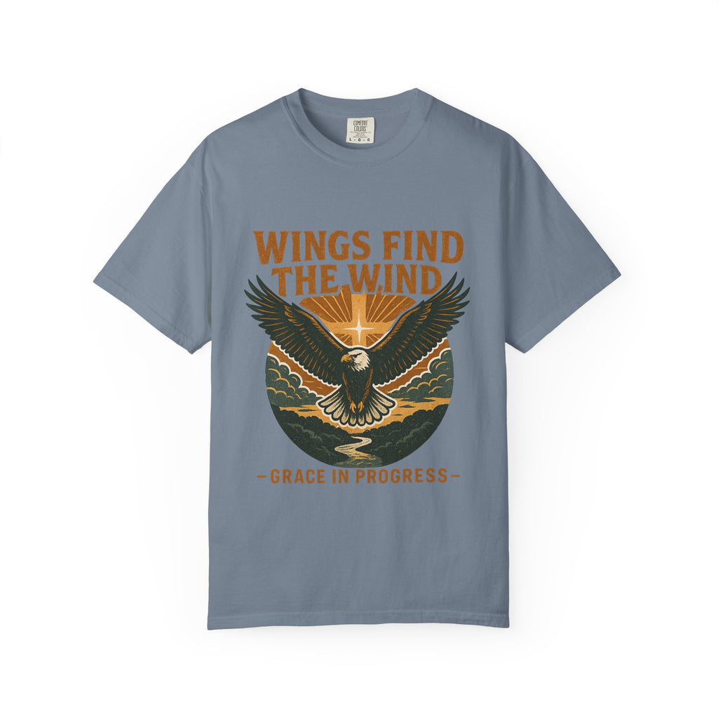 Wings Find The Wind | Vintage Eagle Sunrise Faith Tee | Grace In Progress | Christian Outdoor Apparel | Hope Resilience Recovery Shirt