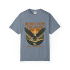 Wings Find The Wind | Vintage Eagle Sunrise Faith Tee | Grace In Progress | Christian Outdoor Apparel | Hope Resilience Recovery Shirt