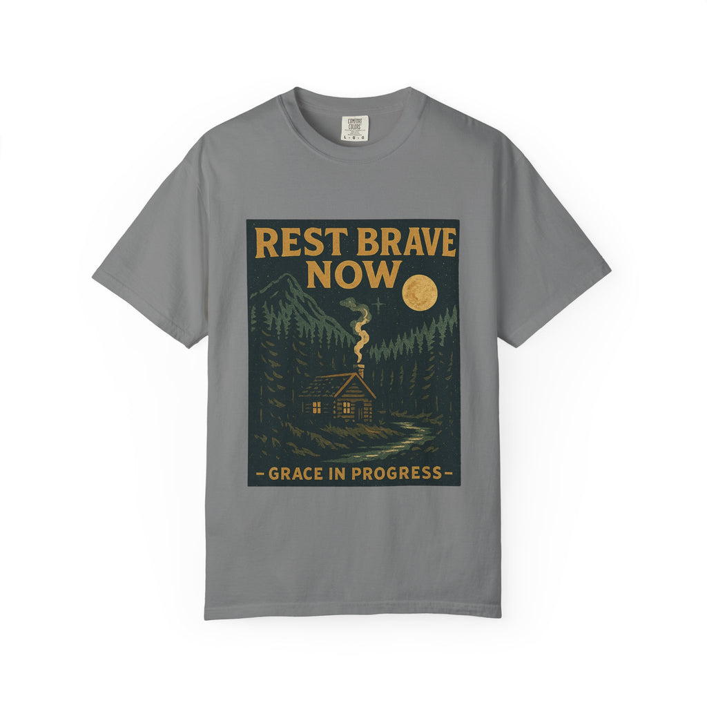 Rest Is Brave Now Vintage Cabin T-Shirt | Faith Outdoor Apparel | Burnout Rest Encouragement Shirt | Moonlit Cabin Tee | Grace In Progress