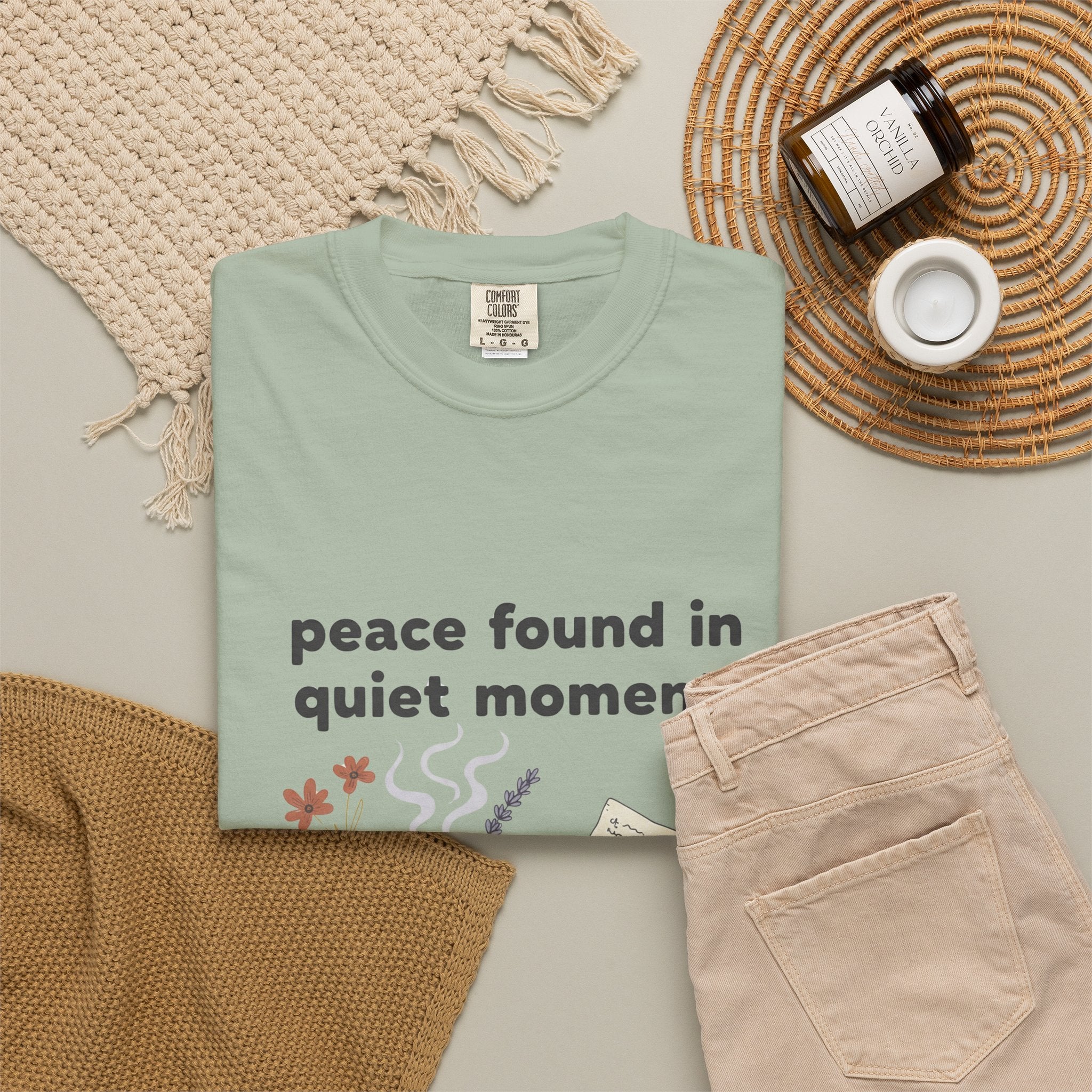 Grace in Progress Anxiety Faith T-Shirt — Peace Found in Quiet Moments — Vintage Christian Tea Mug Tee for Women | Calm Faith Design