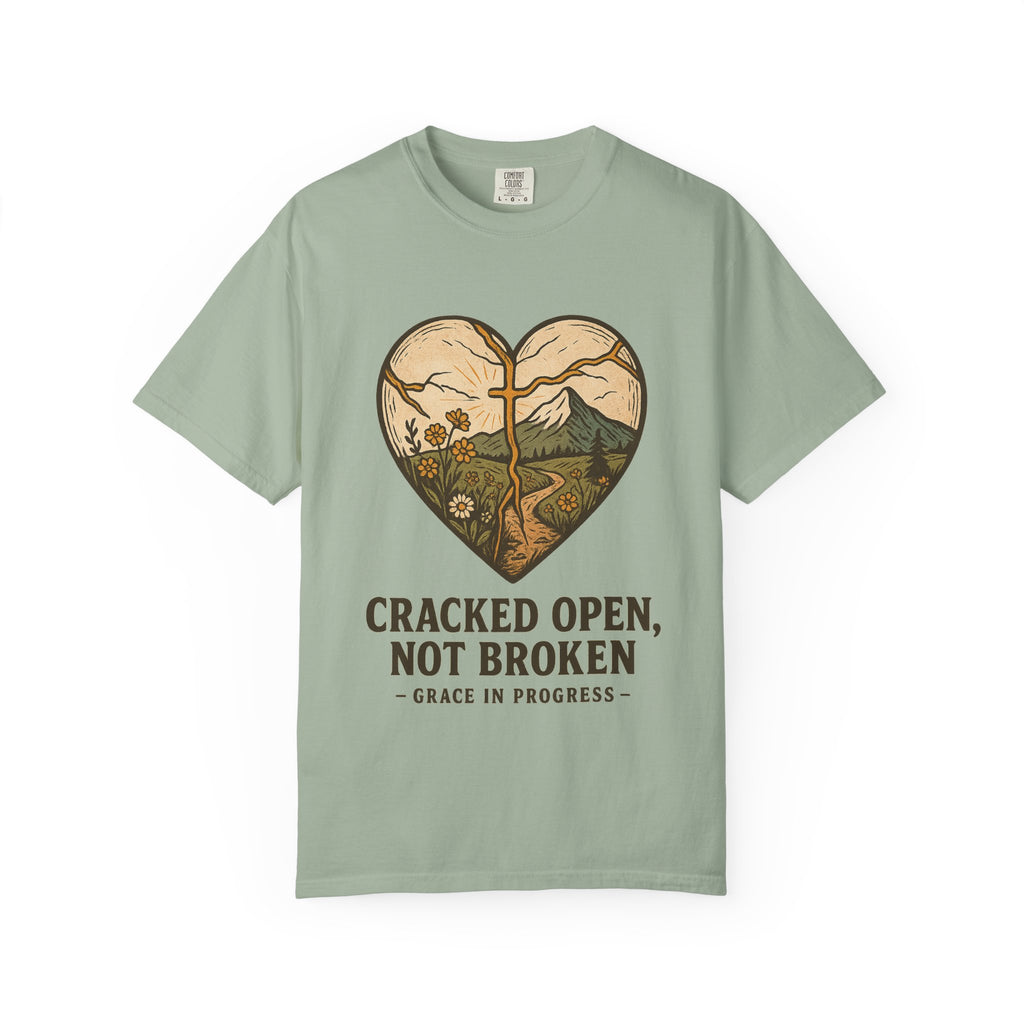 Cracked Open Not Broken Kintsugi Heart T-Shirt | Vintage Outdoor Faith Tee | Healing Journey Gift | Grace In Progress | Mental Health Apparel