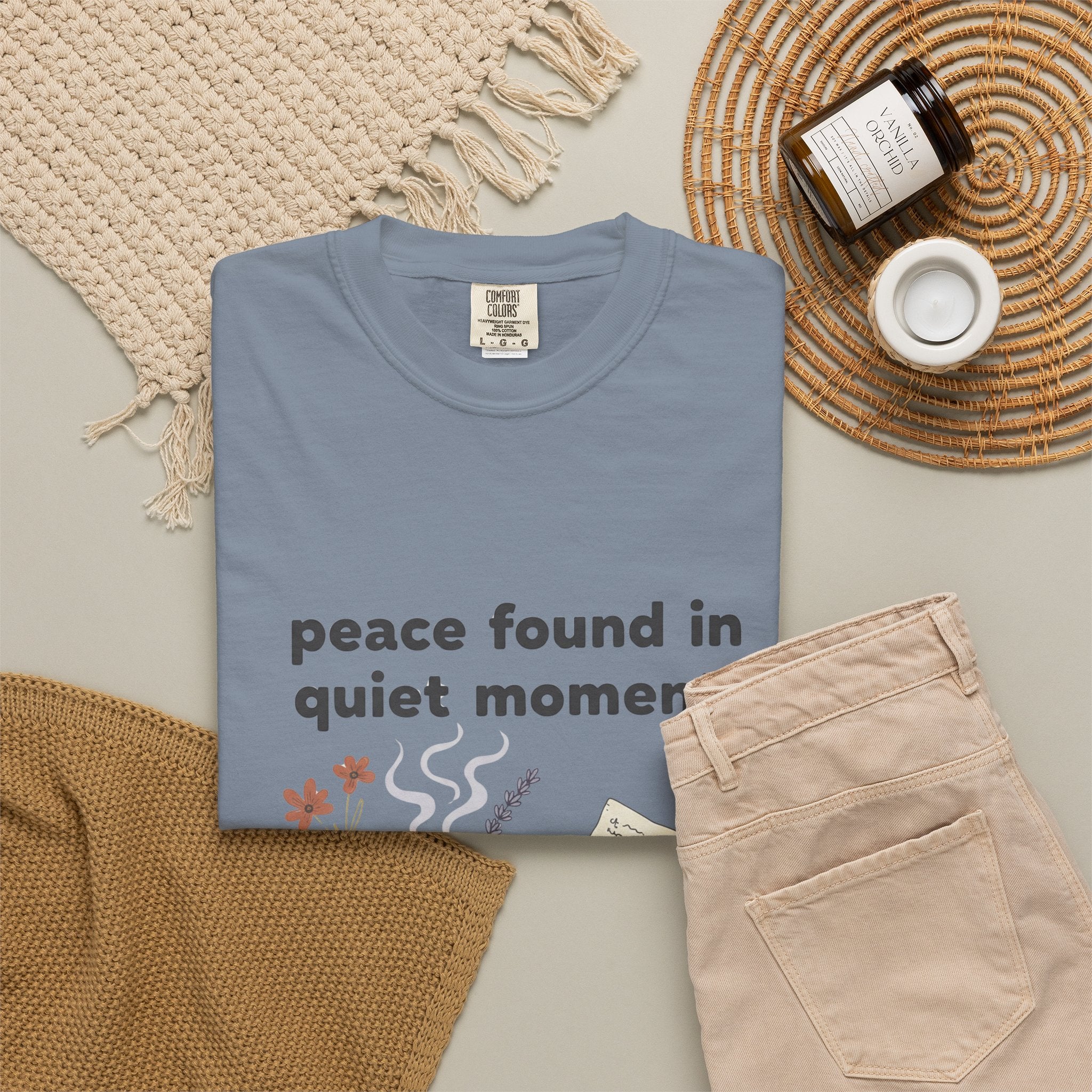 Grace in Progress Anxiety Faith T-Shirt — Peace Found in Quiet Moments — Vintage Christian Tea Mug Tee for Women | Calm Faith Design