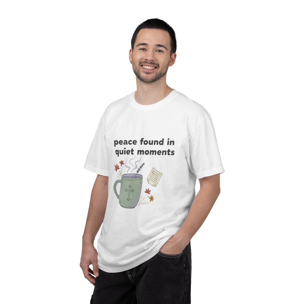 Grace in Progress Anxiety Faith T-Shirt — Peace Found in Quiet Moments — Vintage Christian Tea Mug Tee for Women | Calm Faith Design