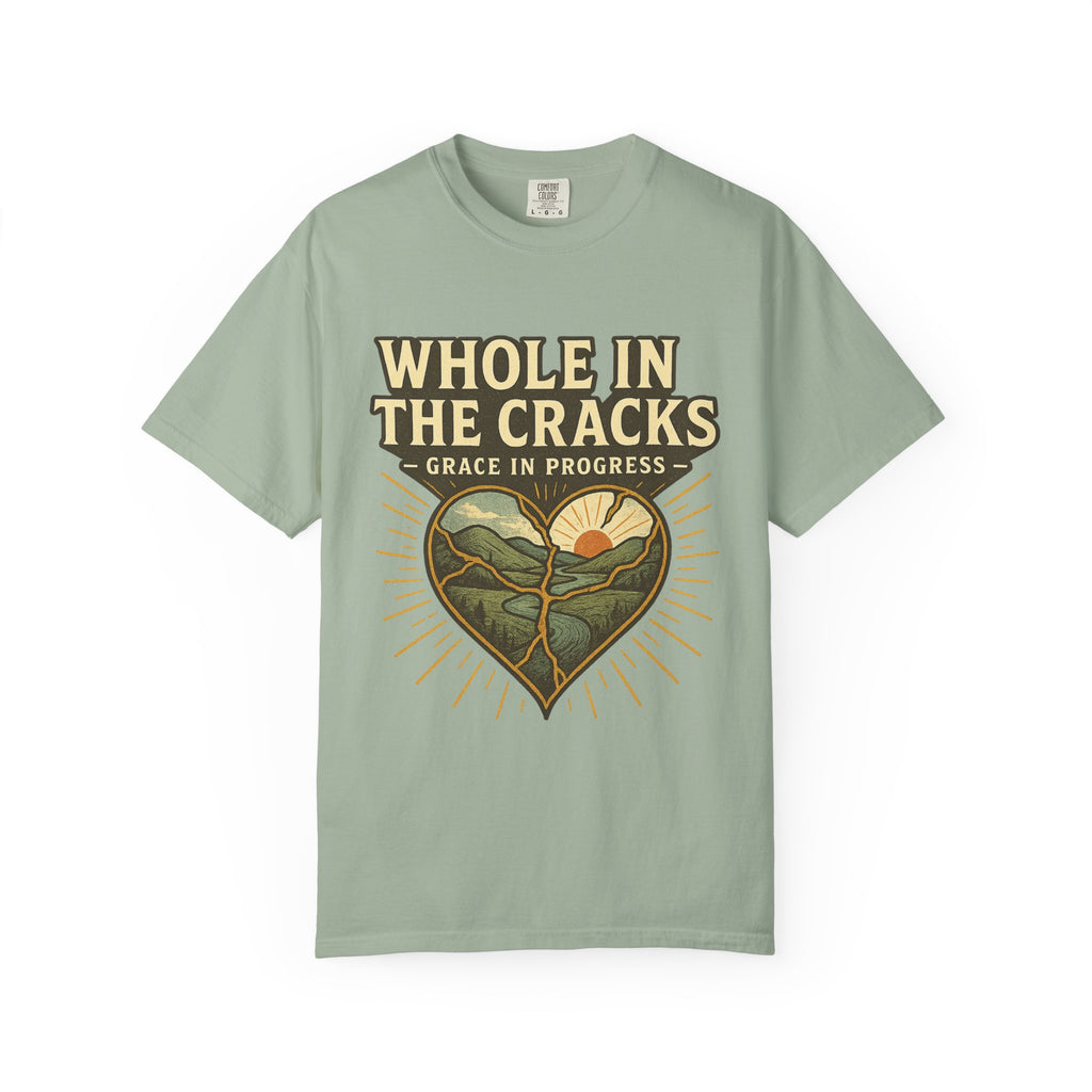 Whole In The Cracks Kintsugi Heart Landscape T-Shirt | Faith Healing Apparel | Recovery Gift | Vintage Screen Print Tee | Grace In Progress