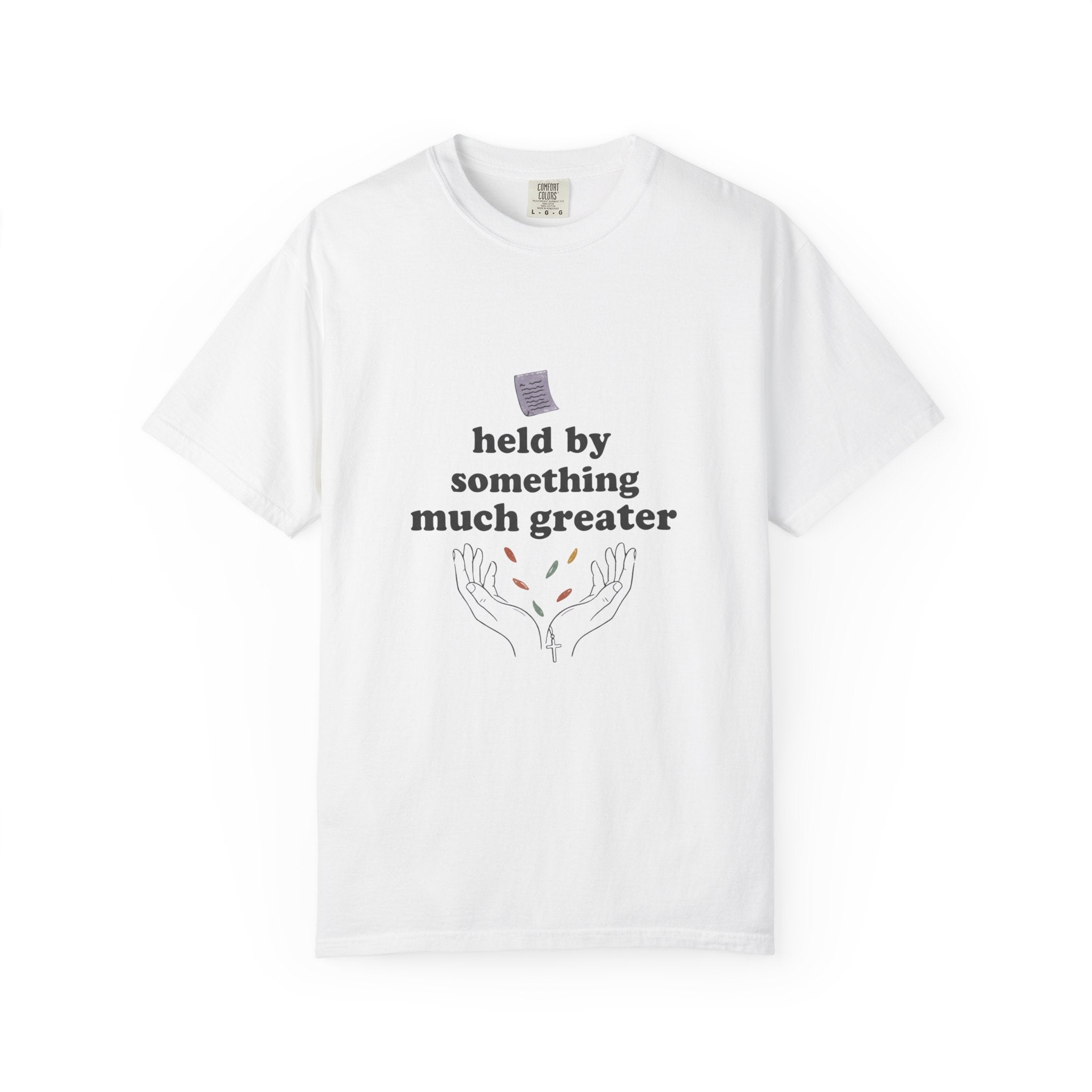 Grace in Progress Christian T-Shirt — Held by Something Much Greater — Vintage Hands & Wildflower Faith Tee | Prayer & Healing Shirt for Women