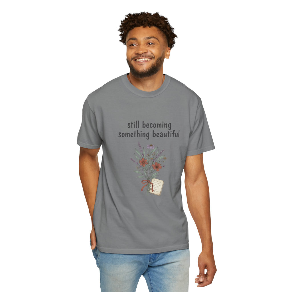 Grace in Progress Faith T-Shirt — Still Becoming Something Beautiful — Vintage Wildflower Christian Tee for Women Healing & Growing