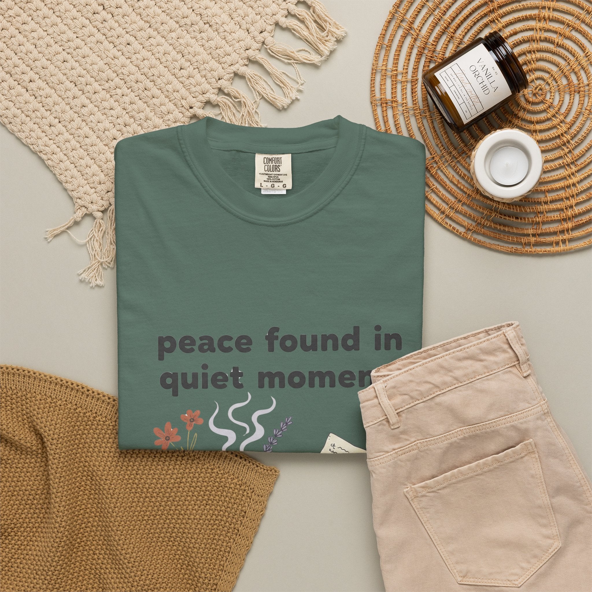 Grace in Progress Anxiety Faith T-Shirt — Peace Found in Quiet Moments — Vintage Christian Tea Mug Tee for Women | Calm Faith Design