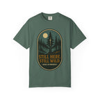 Still Here Still Wild Moonlit Forest Badge T-Shirt | Vintage Outdoor Faith Tee | Night Hike | Grace In Progress | Resilience Gift