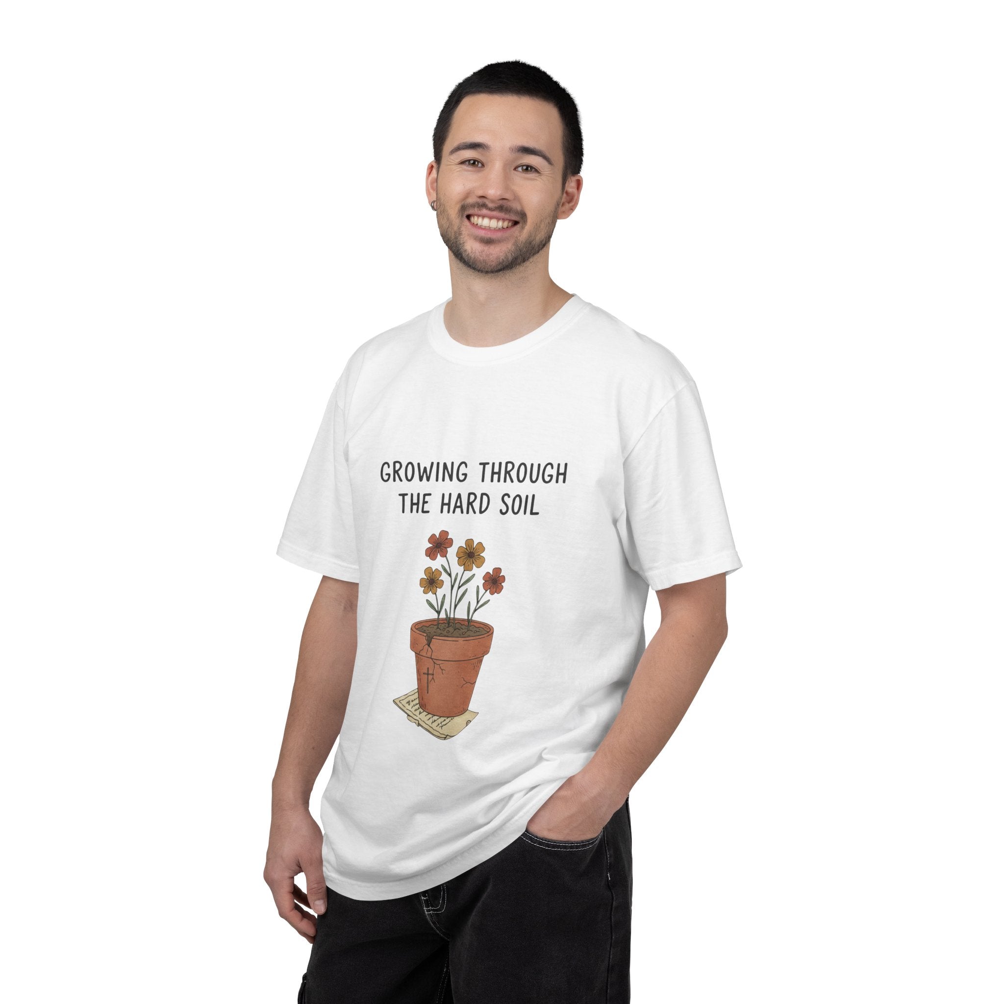 Grace in Progress Faith T-Shirt — Growing Through the Hard Soil — Vintage Terracotta Plant Christian Tee | Healing & Growth Design for Women