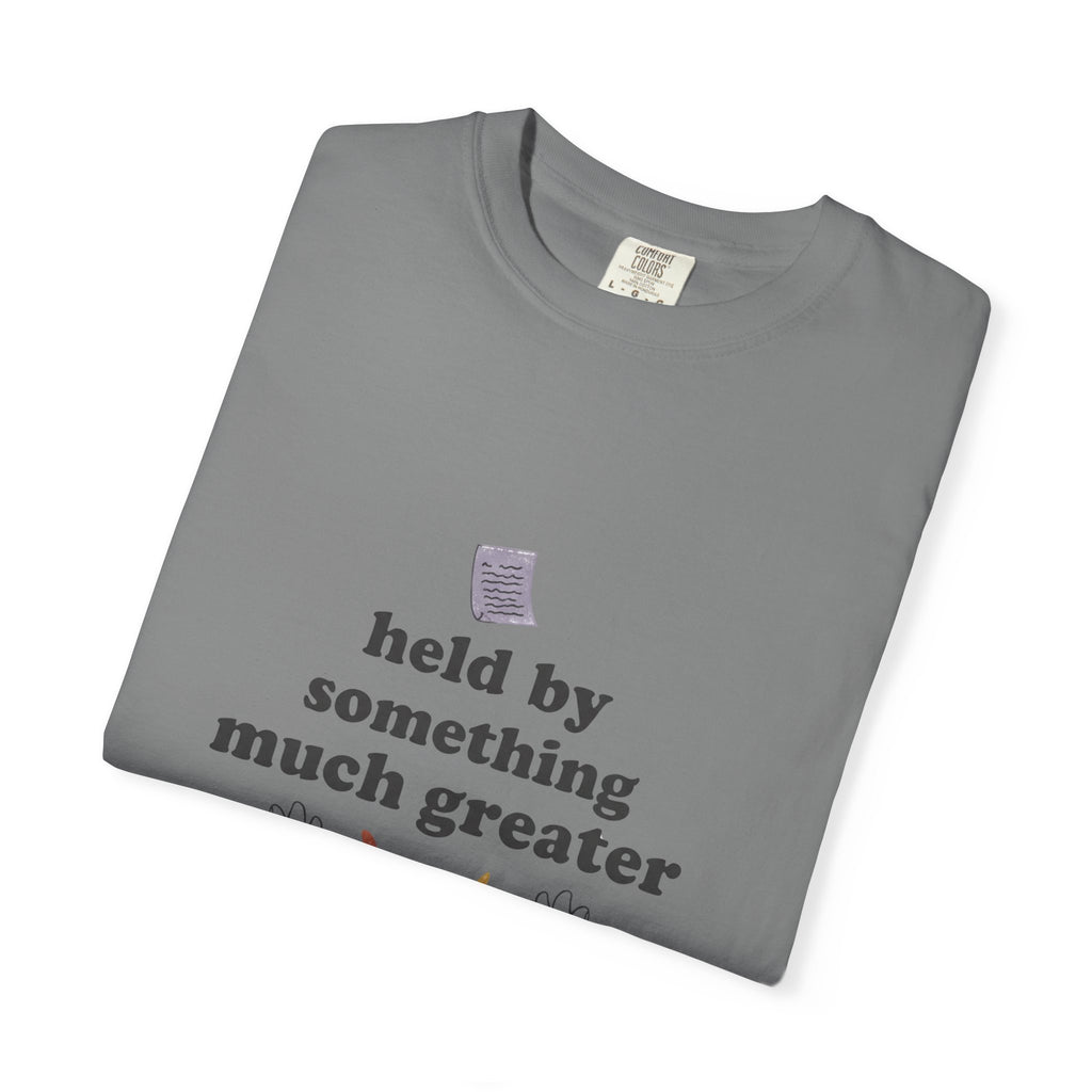 Grace in Progress Christian T-Shirt — Held by Something Much Greater — Vintage Hands & Wildflower Faith Tee | Prayer & Healing Shirt for Women