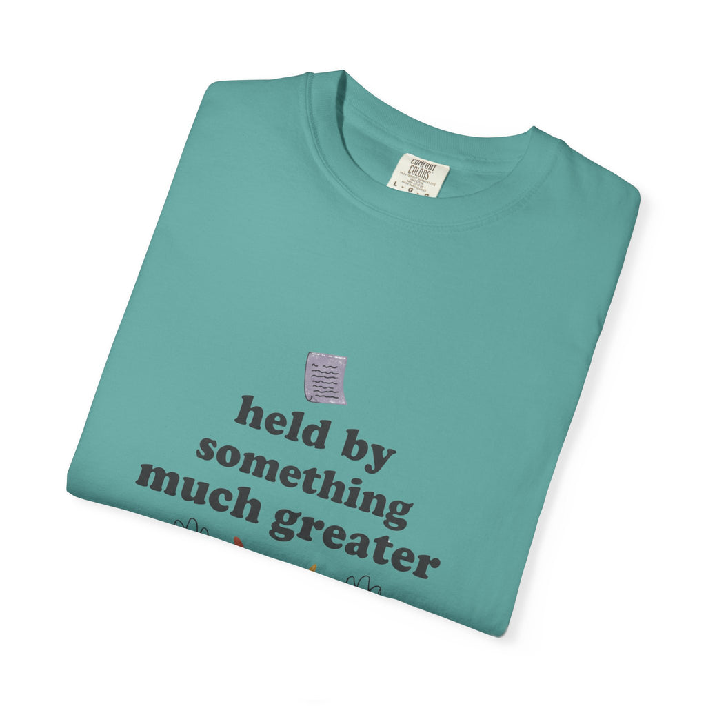 Grace in Progress Christian T-Shirt — Held by Something Much Greater — Vintage Hands & Wildflower Faith Tee | Prayer & Healing Shirt for Women