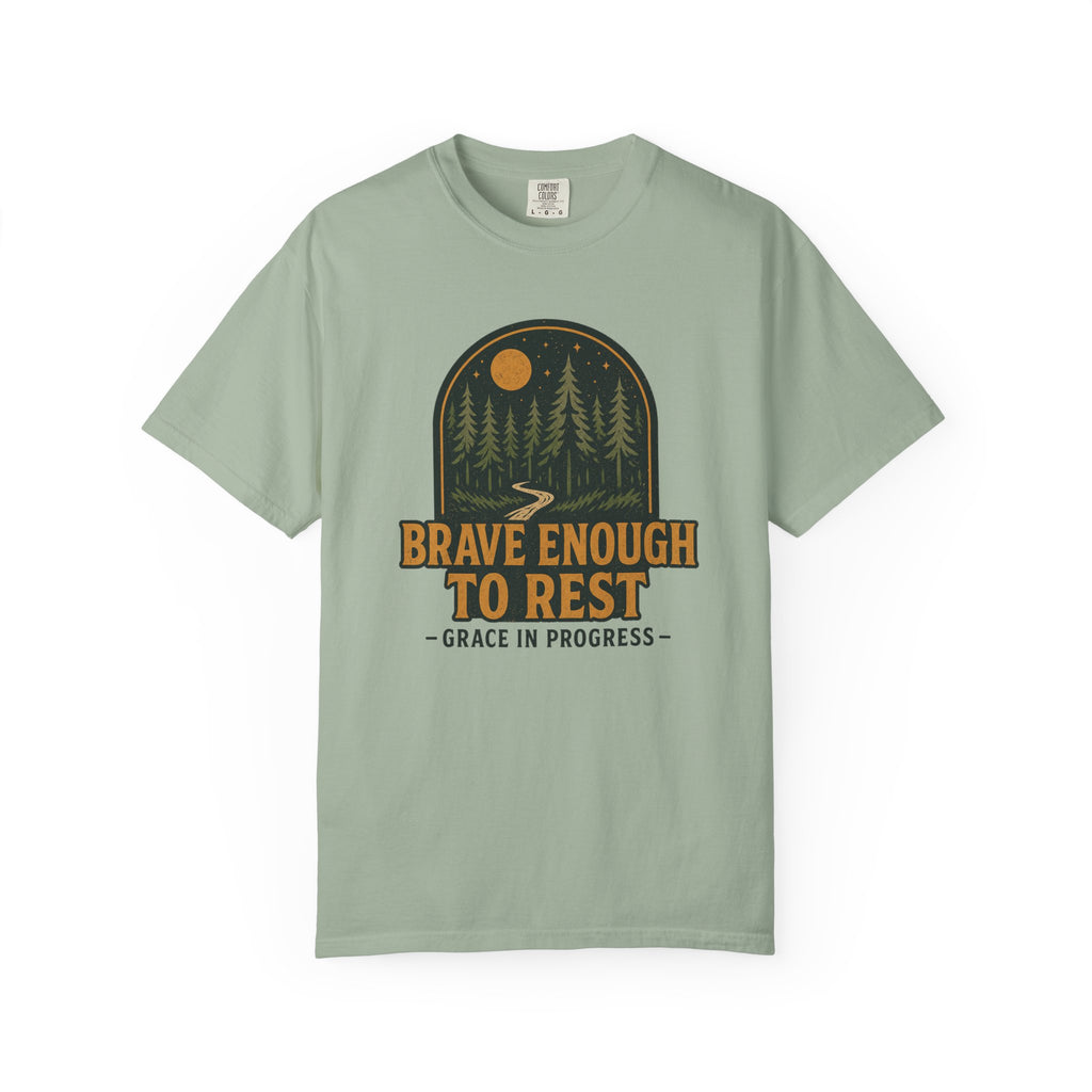 Brave Enough To Rest | Moonlit Forest Badge Vintage Tee | Grace In Progress | Faith Outdoor Shirt | Rest Burnout Recovery Apparel