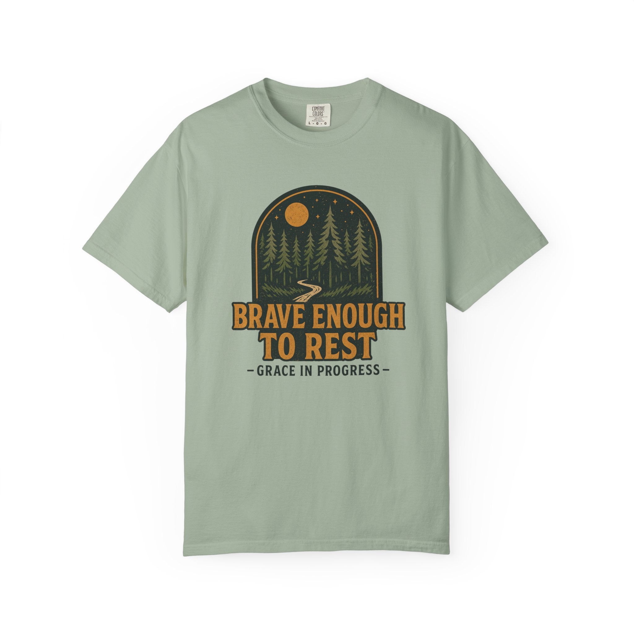 Brave Enough To Rest | Moonlit Forest Badge Vintage Tee | Grace In Progress | Faith Outdoor Shirt | Rest Burnout Recovery Apparel