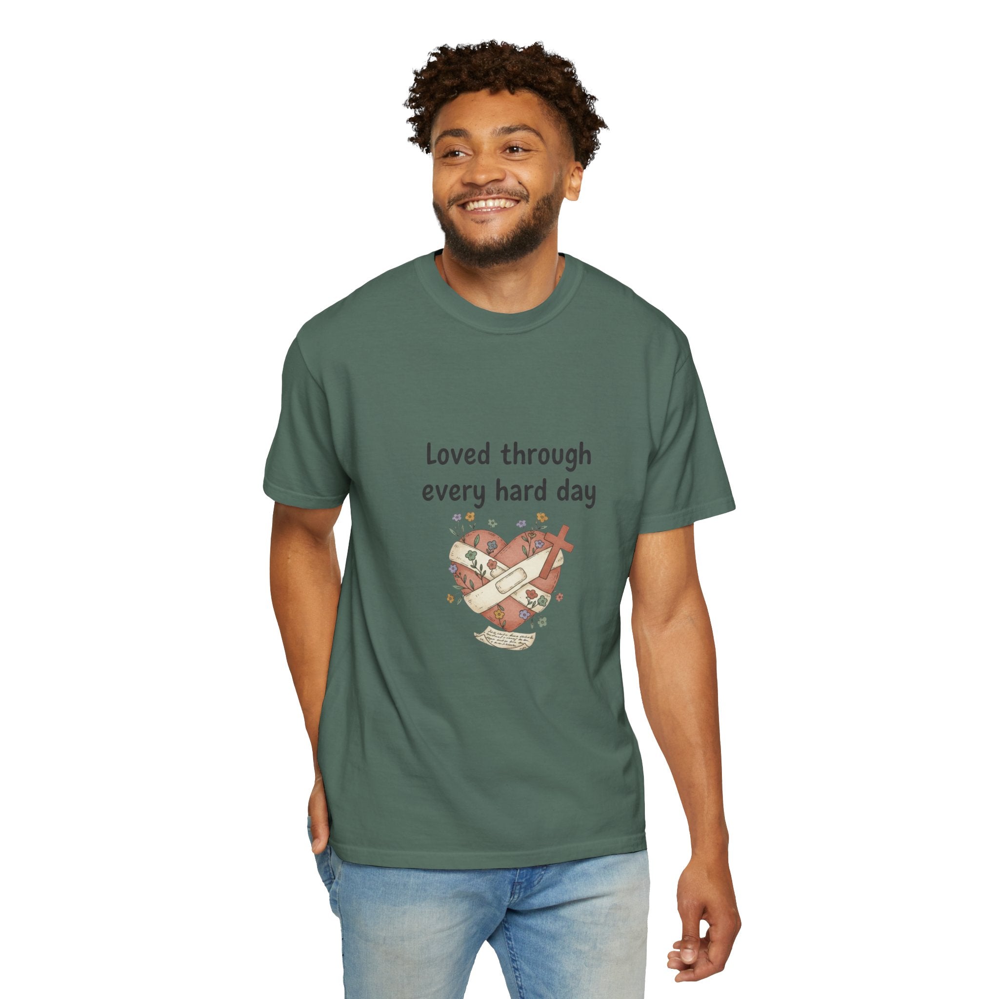 Grace in Progress Christian T-Shirt — Loved Through Every Hard Day — Faith & Mental Health Tee | Bandaged Heart Vintage Illustration