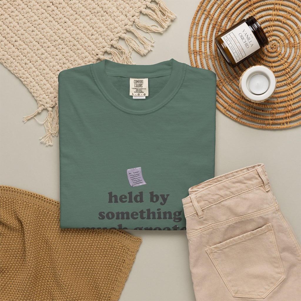 Grace in Progress Christian T-Shirt — Held by Something Much Greater — Vintage Hands & Wildflower Faith Tee | Prayer & Healing Shirt for Women