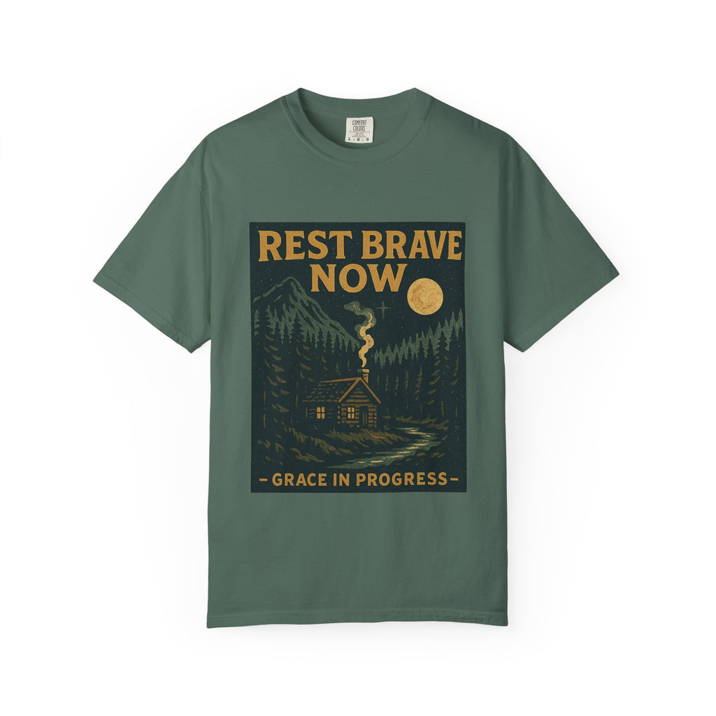 Rest Is Brave Now Vintage Cabin T-Shirt | Faith Outdoor Apparel | Burnout Rest Encouragement Shirt | Moonlit Cabin Tee | Grace In Progress