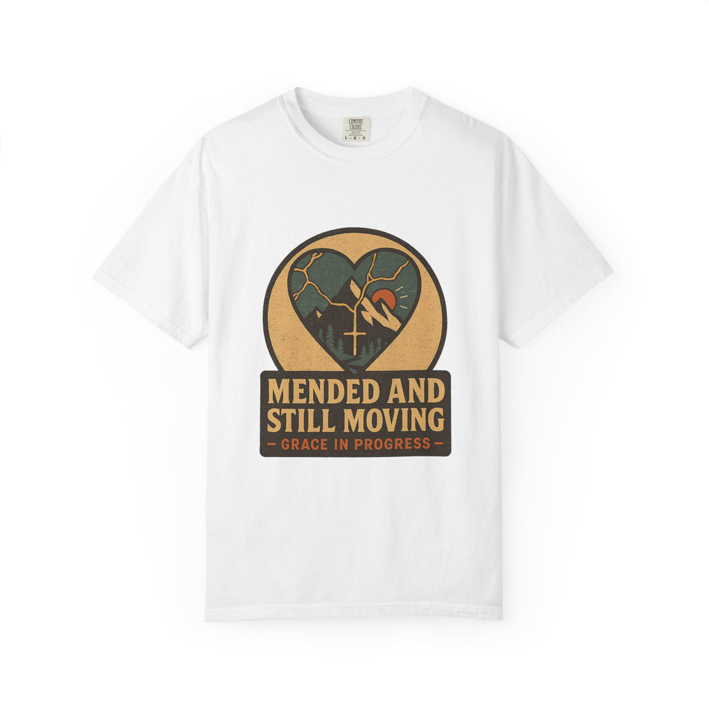 Mended And Still Moving Kintsugi Heart Mountain Faith Tee | Grace In Progress | Grief Recovery Healing Apparel