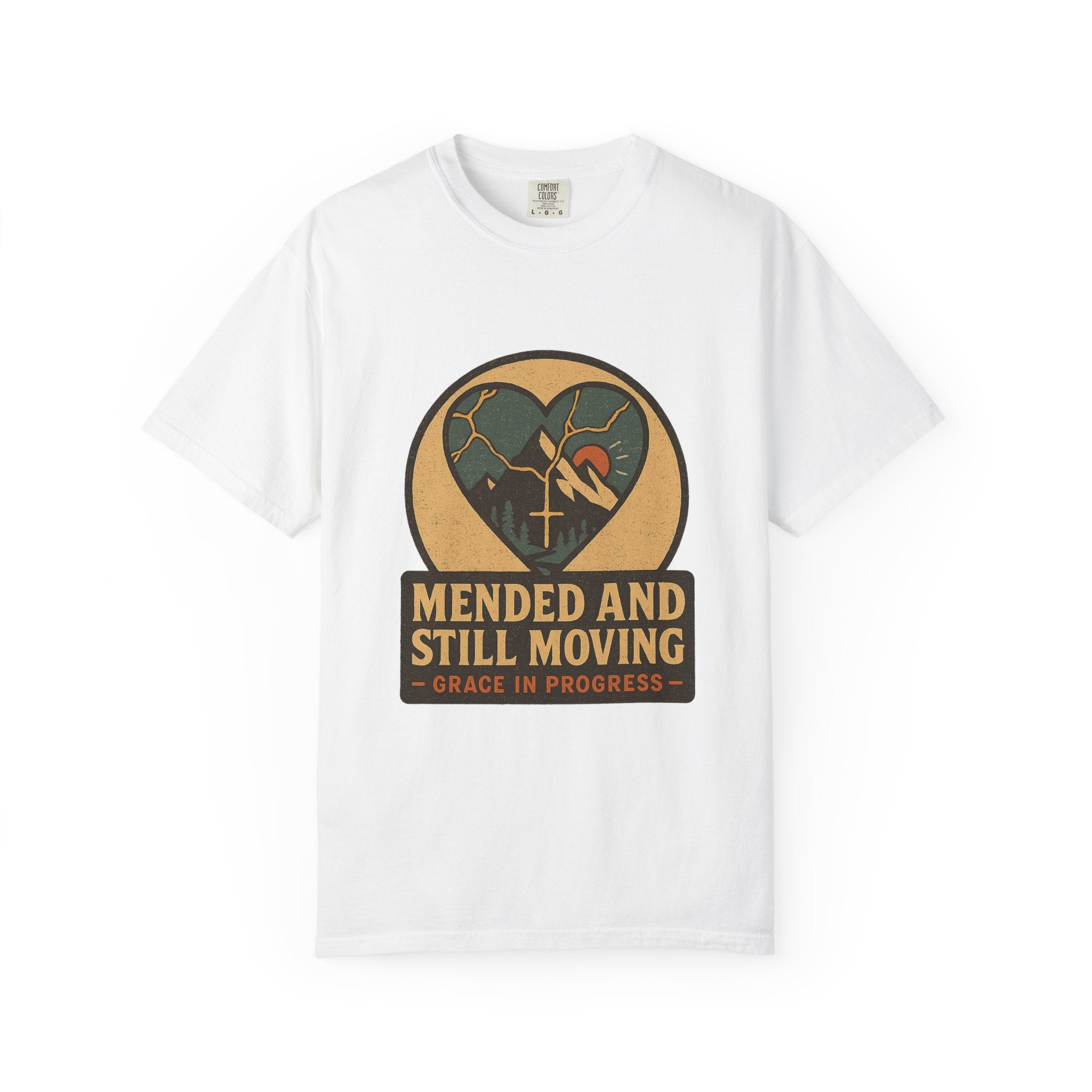 Mended And Still Moving Kintsugi Heart Mountain Faith Tee | Grace In Progress | Grief Recovery Healing Apparel