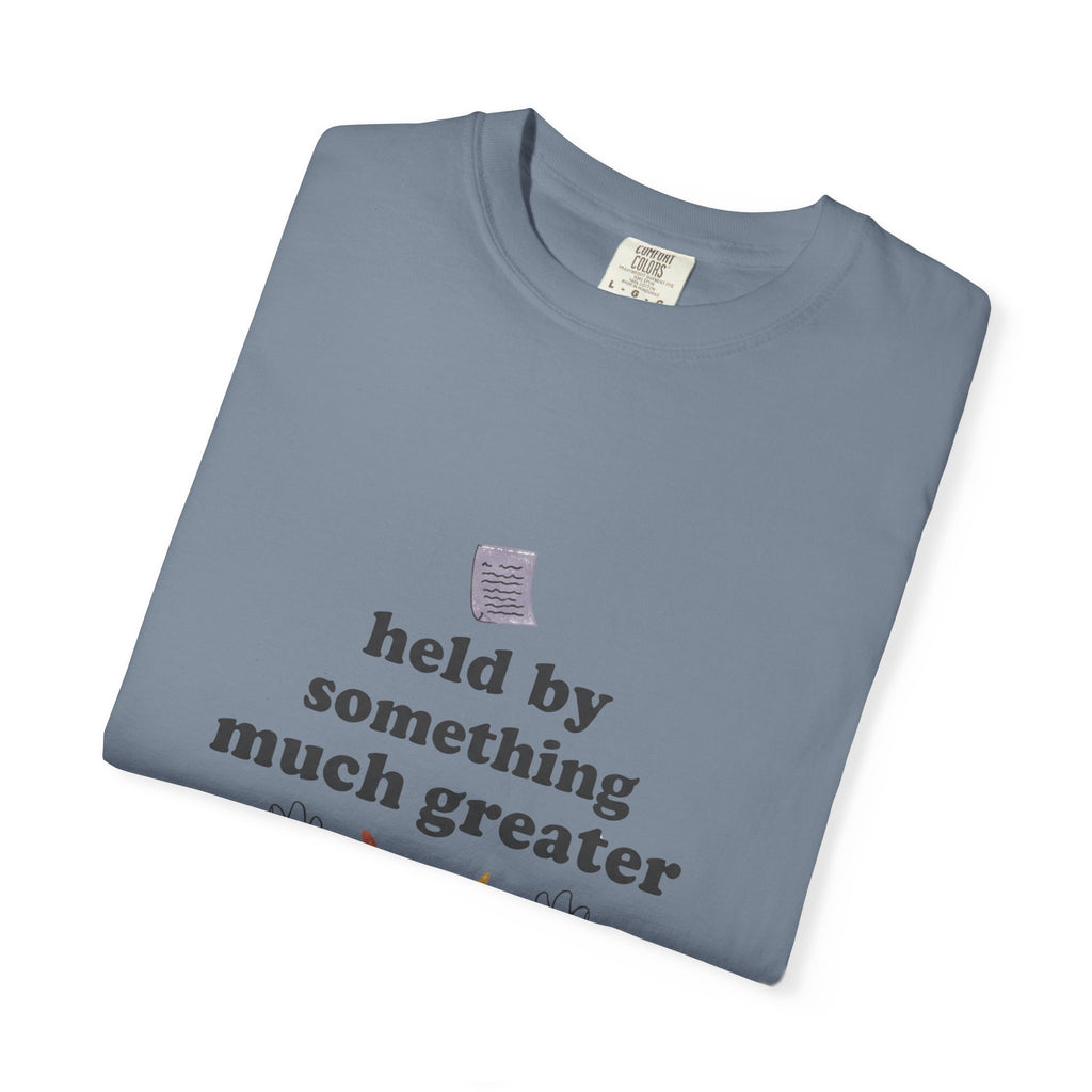 Grace in Progress Christian T-Shirt — Held by Something Much Greater — Vintage Hands & Wildflower Faith Tee | Prayer & Healing Shirt for Women