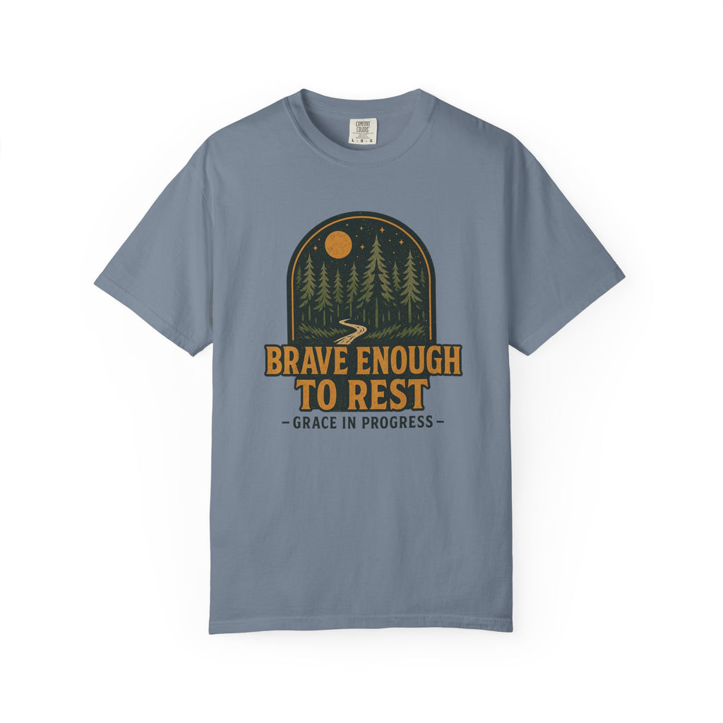 Brave Enough To Rest | Moonlit Forest Badge Vintage Tee | Grace In Progress | Faith Outdoor Shirt | Rest Burnout Recovery Apparel