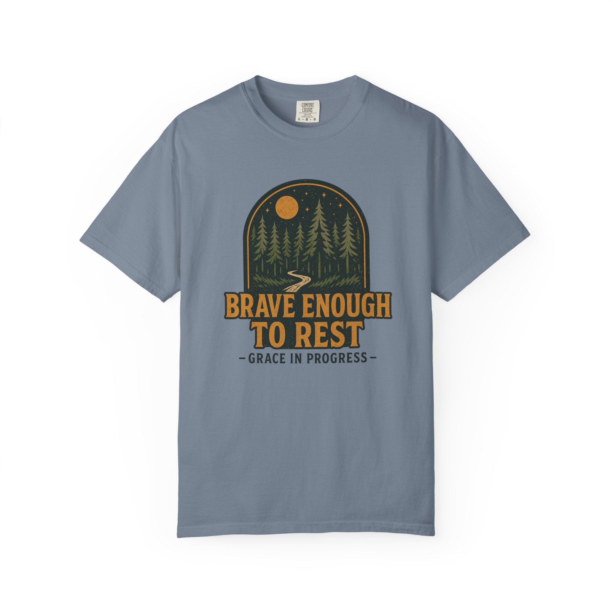 Brave Enough To Rest | Moonlit Forest Badge Vintage Tee | Grace In Progress | Faith Outdoor Shirt | Rest Burnout Recovery Apparel