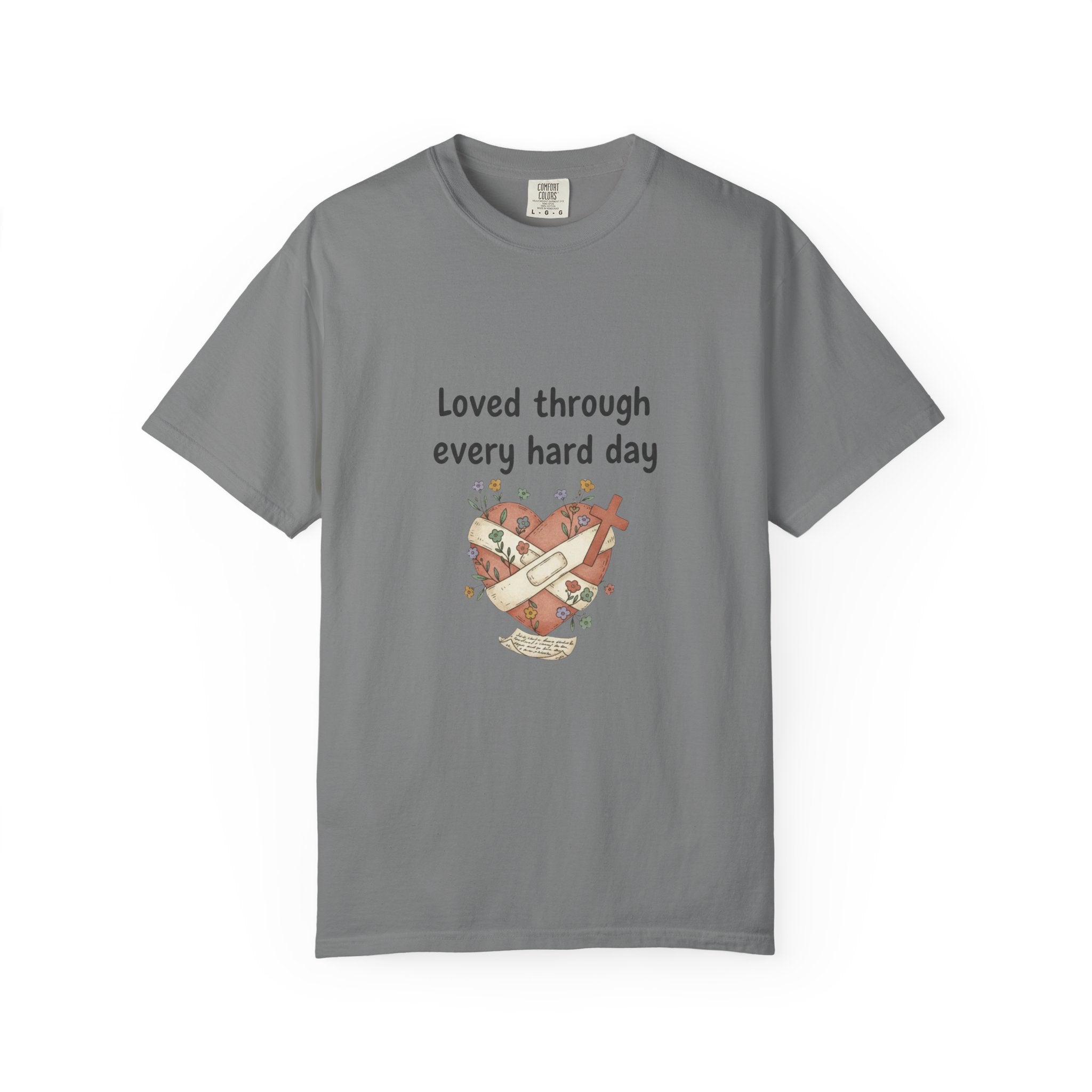 Grace in Progress Christian T-Shirt — Loved Through Every Hard Day — Faith & Mental Health Tee | Bandaged Heart Vintage Illustration