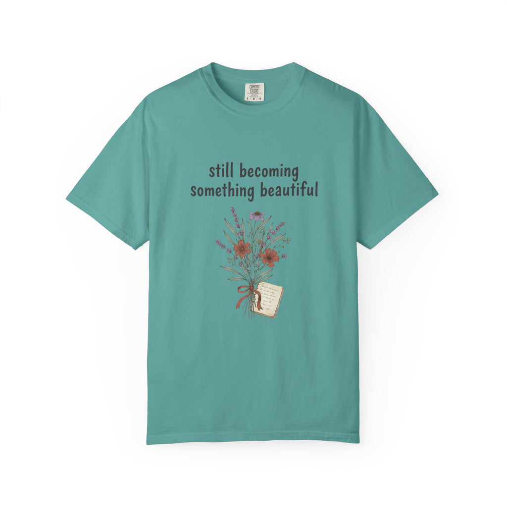 Grace in Progress Faith T-Shirt — Still Becoming Something Beautiful — Vintage Wildflower Christian Tee for Women Healing & Growing
