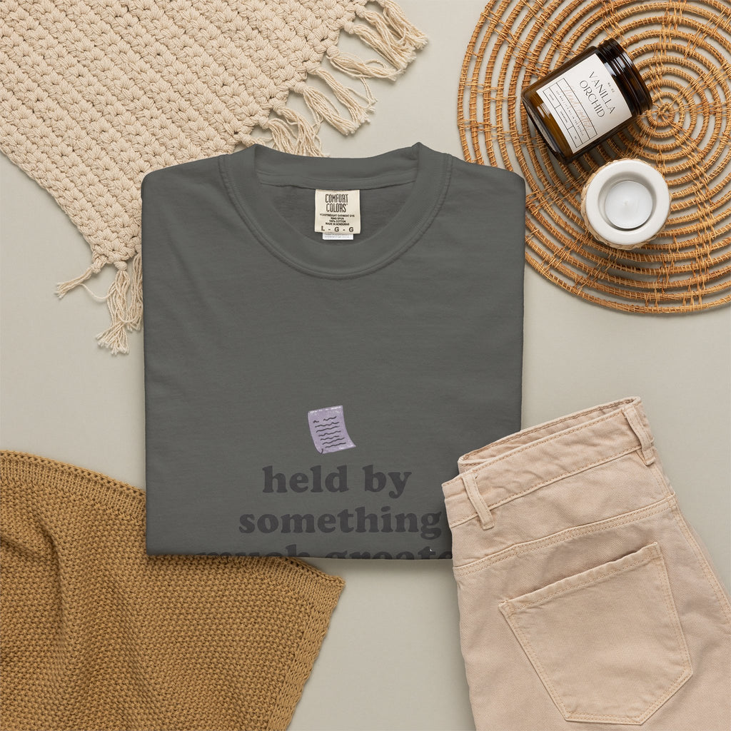 Grace in Progress Christian T-Shirt — Held by Something Much Greater — Vintage Hands & Wildflower Faith Tee | Prayer & Healing Shirt for Women