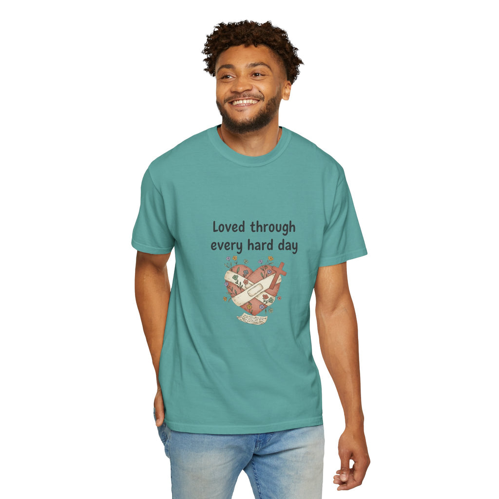 Grace in Progress Christian T-Shirt — Loved Through Every Hard Day — Faith & Mental Health Tee | Bandaged Heart Vintage Illustration