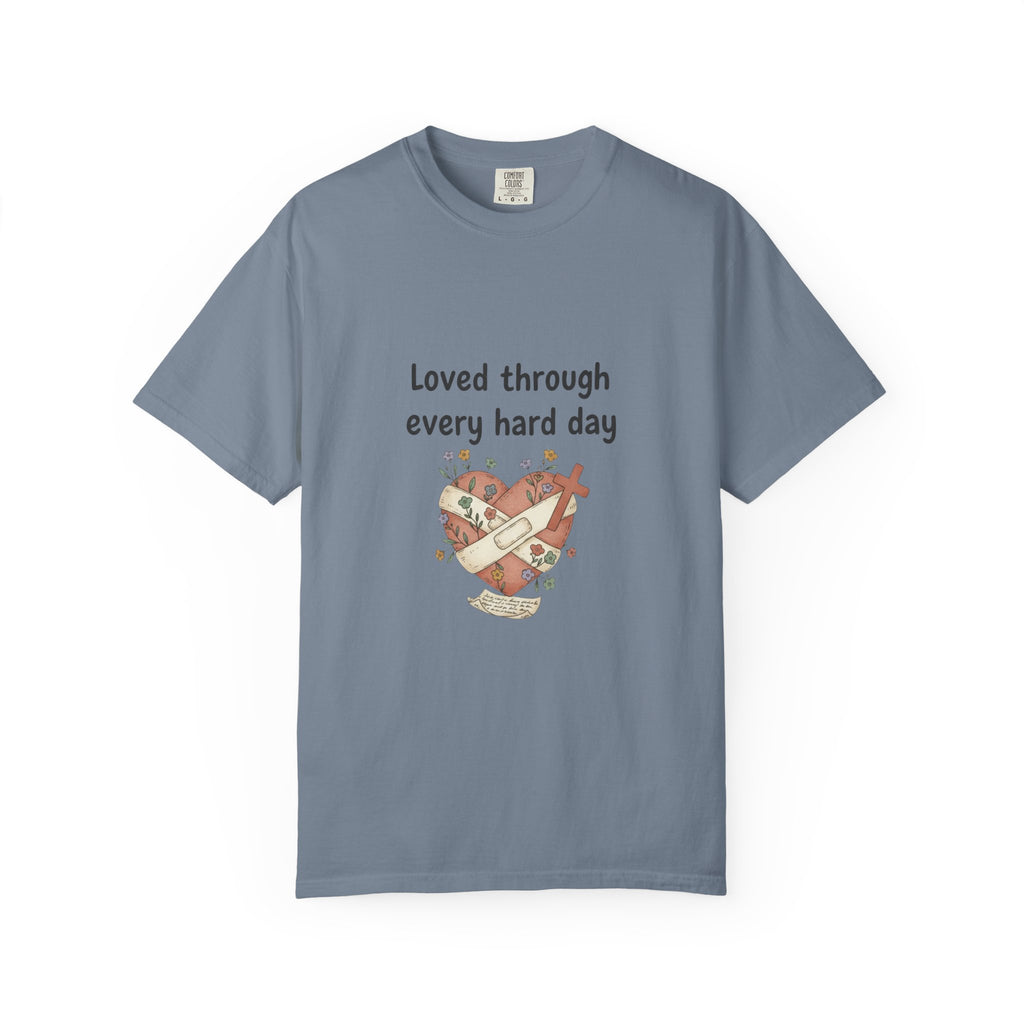 Grace in Progress Christian T-Shirt — Loved Through Every Hard Day — Faith & Mental Health Tee | Bandaged Heart Vintage Illustration