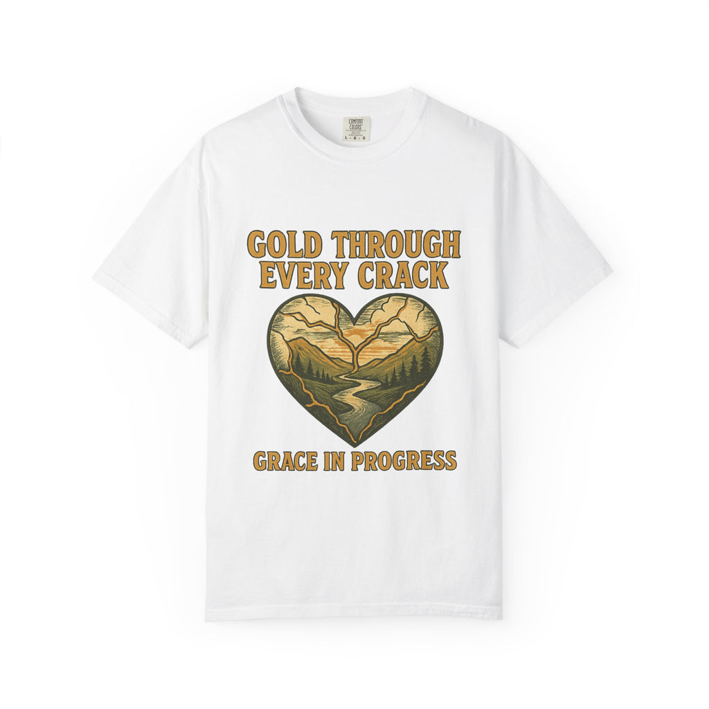 Gold Through Every Crack | Kintsugi Heart Vintage Faith Tee | Grace In Progress | Healing Grief Recovery Shirt | Christian Mental Health Apparel