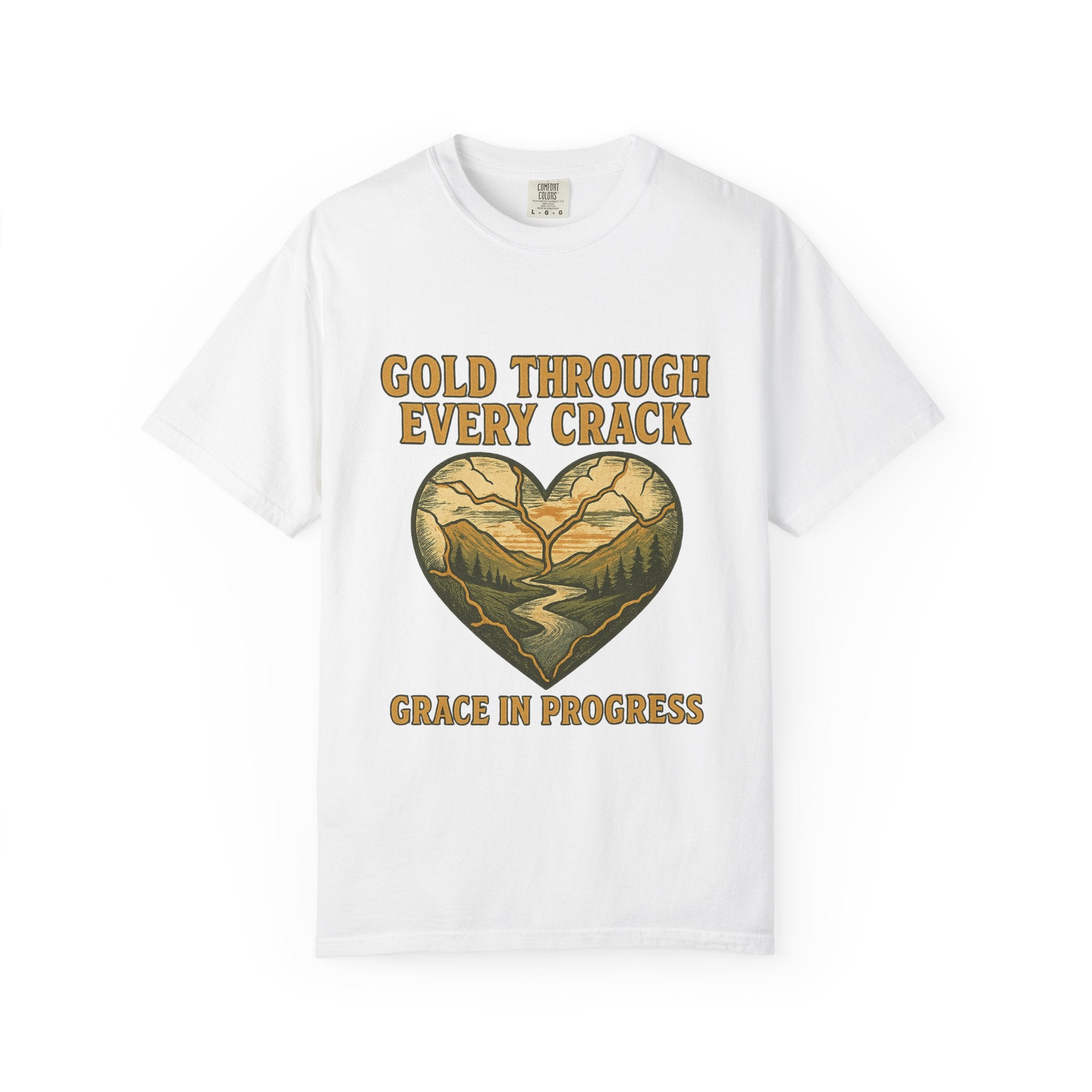 Gold Through Every Crack | Kintsugi Heart Vintage Faith Tee | Grace In Progress | Healing Grief Recovery Shirt | Christian Mental Health Apparel