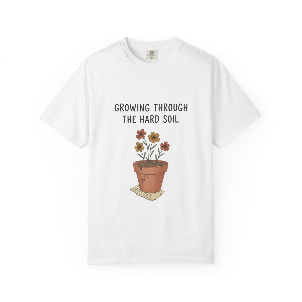 Grace in Progress Faith T-Shirt — Growing Through the Hard Soil — Vintage Terracotta Plant Christian Tee | Healing & Growth Design for Women