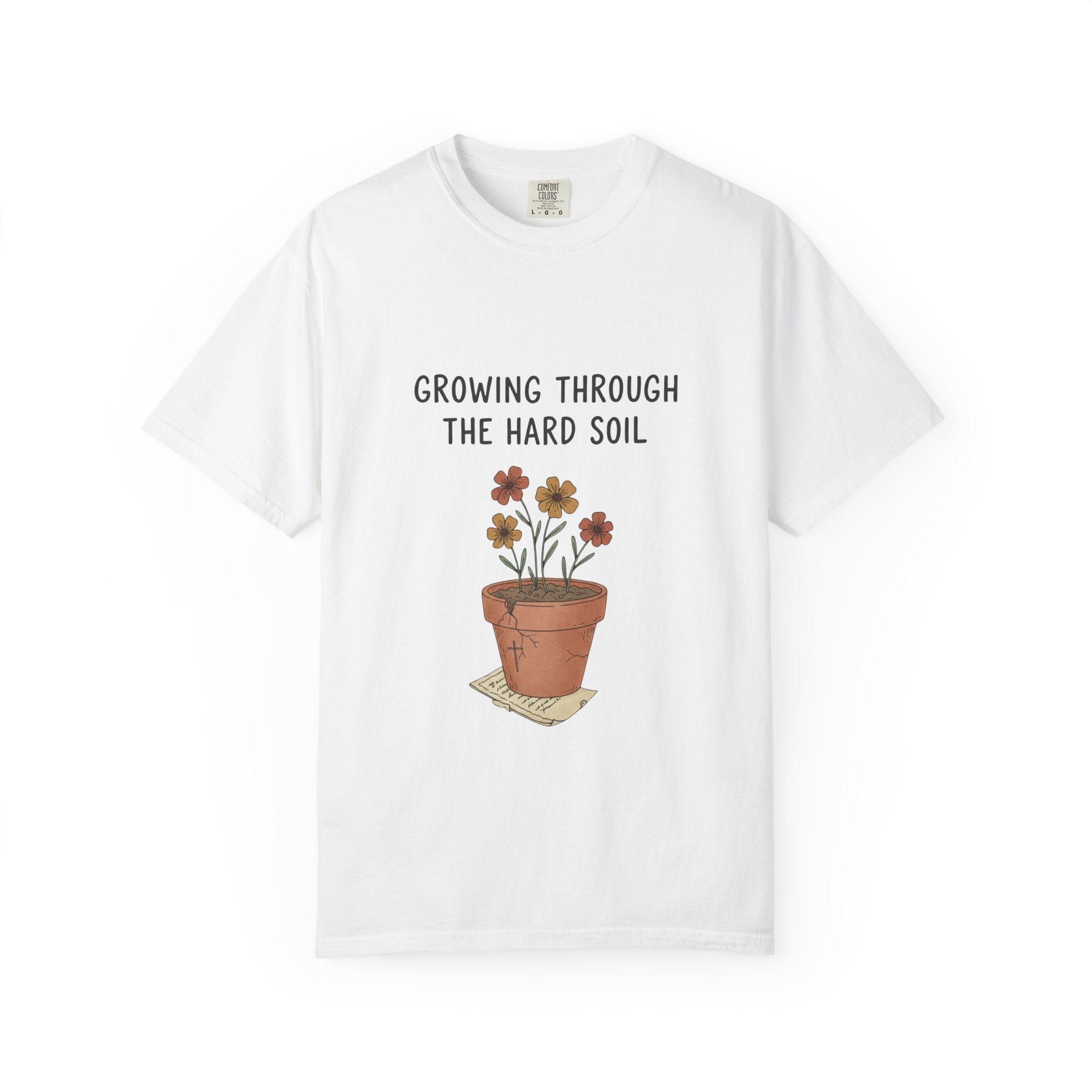 Grace in Progress Faith T-Shirt — Growing Through the Hard Soil — Vintage Terracotta Plant Christian Tee | Healing & Growth Design for Women