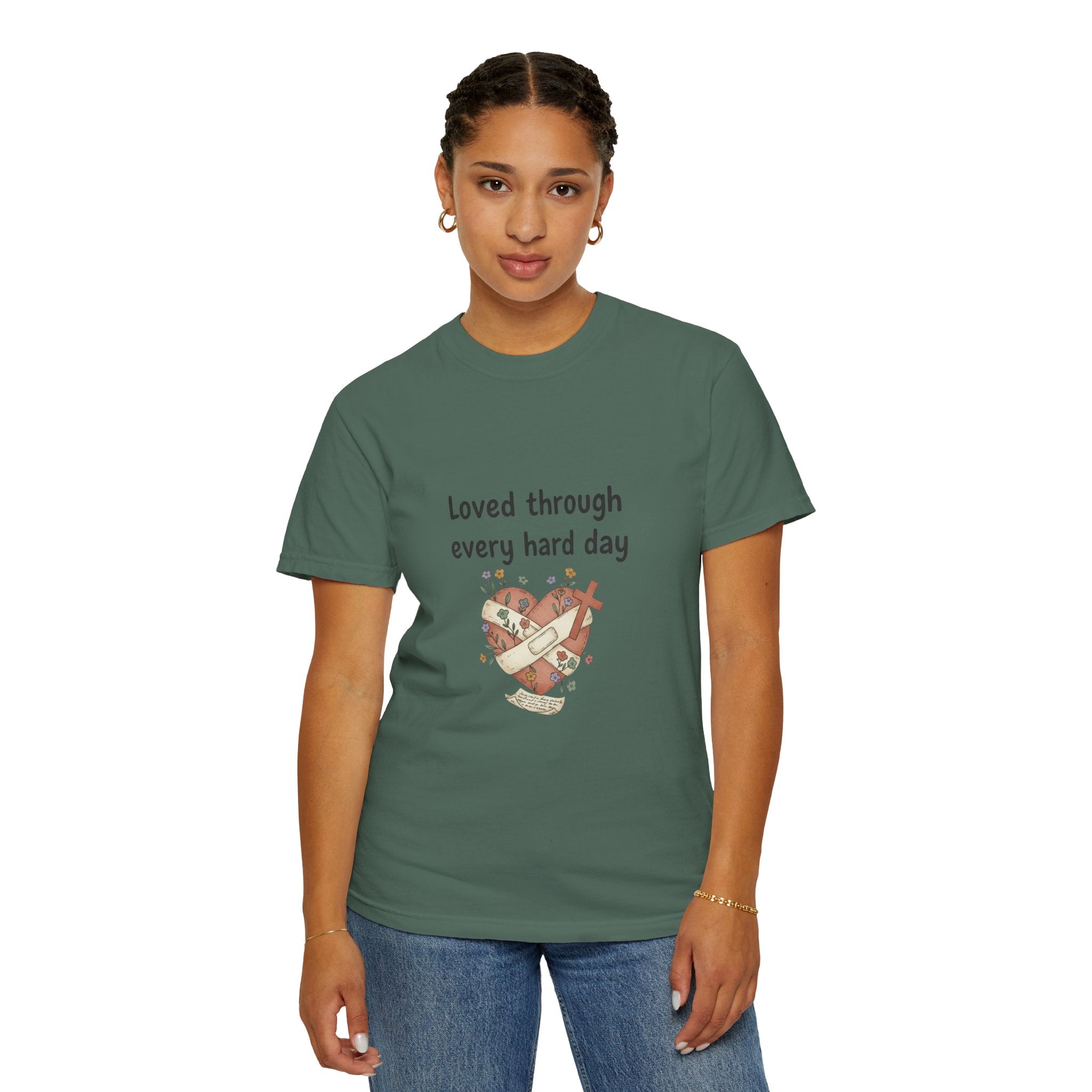 Grace in Progress Christian T-Shirt — Loved Through Every Hard Day — Faith & Mental Health Tee | Bandaged Heart Vintage Illustration