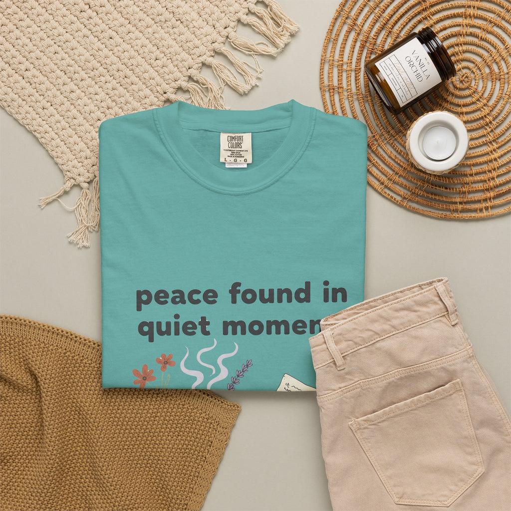 Grace in Progress Anxiety Faith T-Shirt — Peace Found in Quiet Moments — Vintage Christian Tea Mug Tee for Women | Calm Faith Design