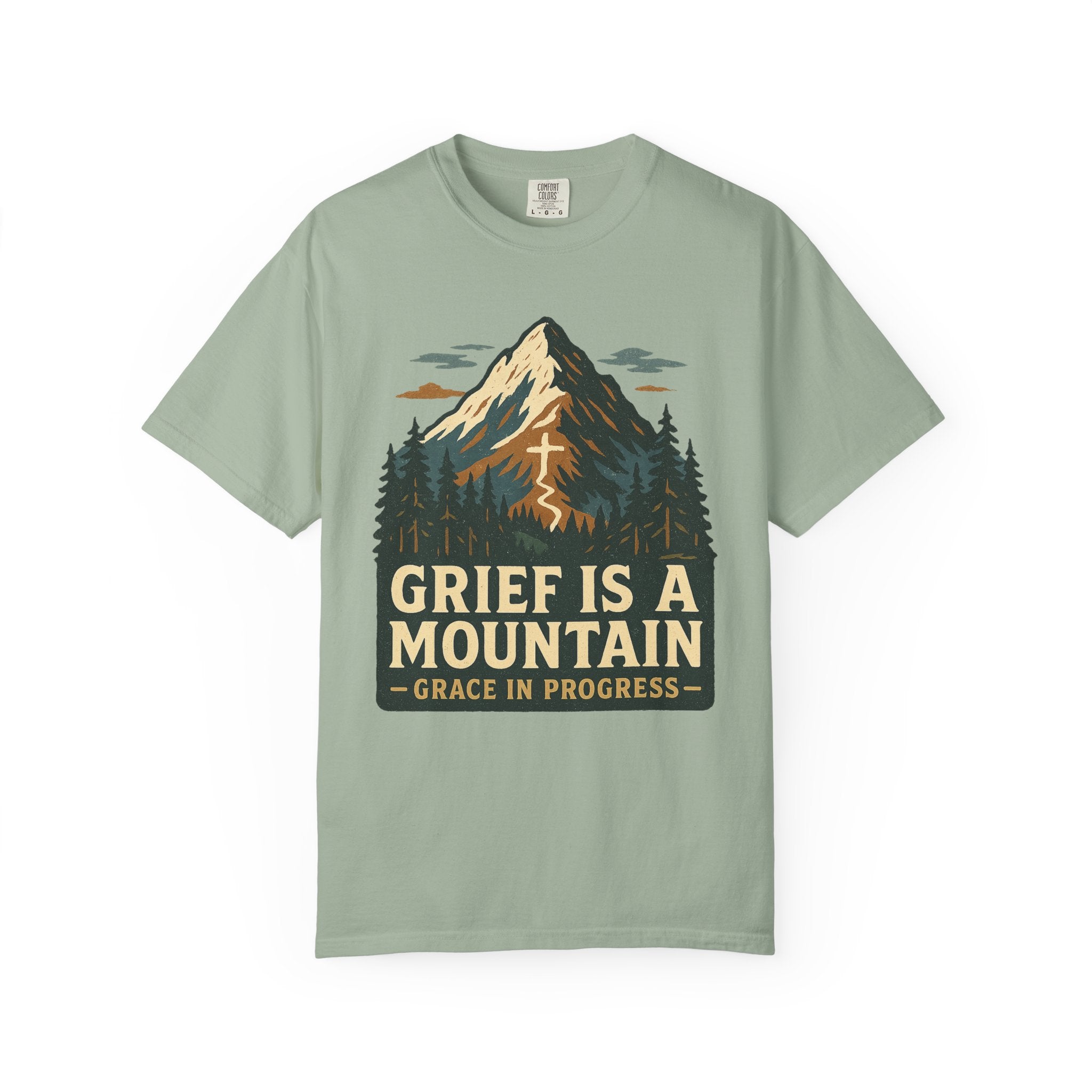 Grief Is A Mountain Vintage Outdoor Faith T-Shirt | Grace In Progress | Comfort Colors Grief Healing Apparel