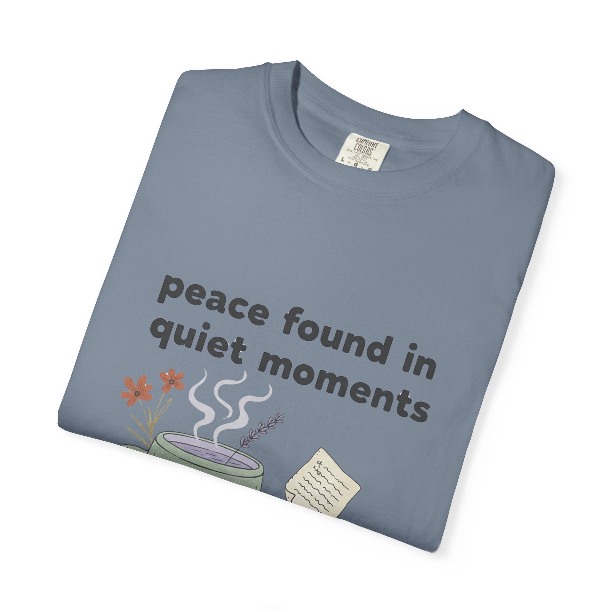 Grace in Progress Anxiety Faith T-Shirt — Peace Found in Quiet Moments — Vintage Christian Tea Mug Tee for Women | Calm Faith Design