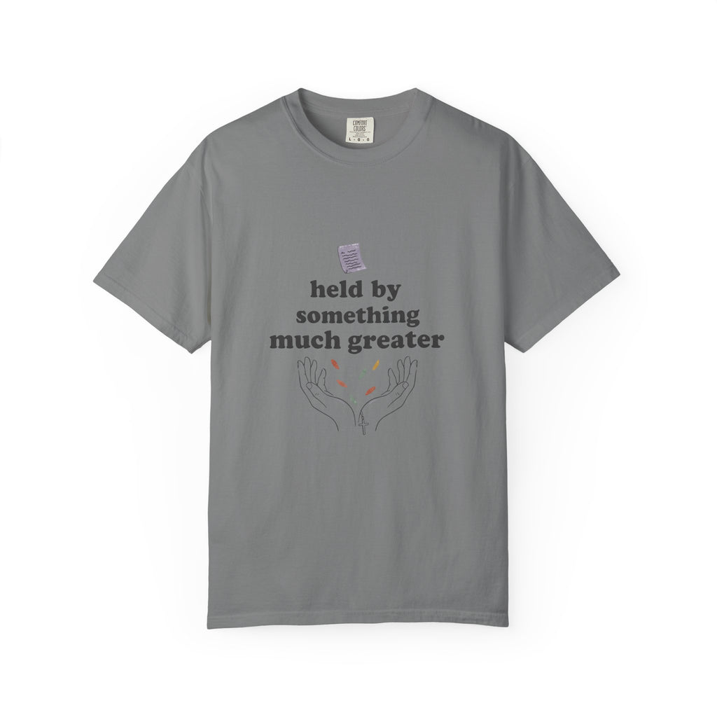 Grace in Progress Christian T-Shirt — Held by Something Much Greater — Vintage Hands & Wildflower Faith Tee | Prayer & Healing Shirt for Women