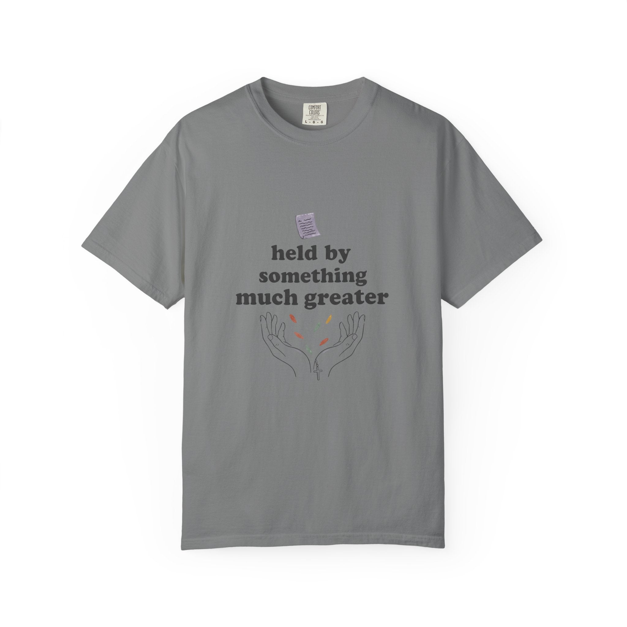 Grace in Progress Christian T-Shirt — Held by Something Much Greater — Vintage Hands & Wildflower Faith Tee | Prayer & Healing Shirt for Women
