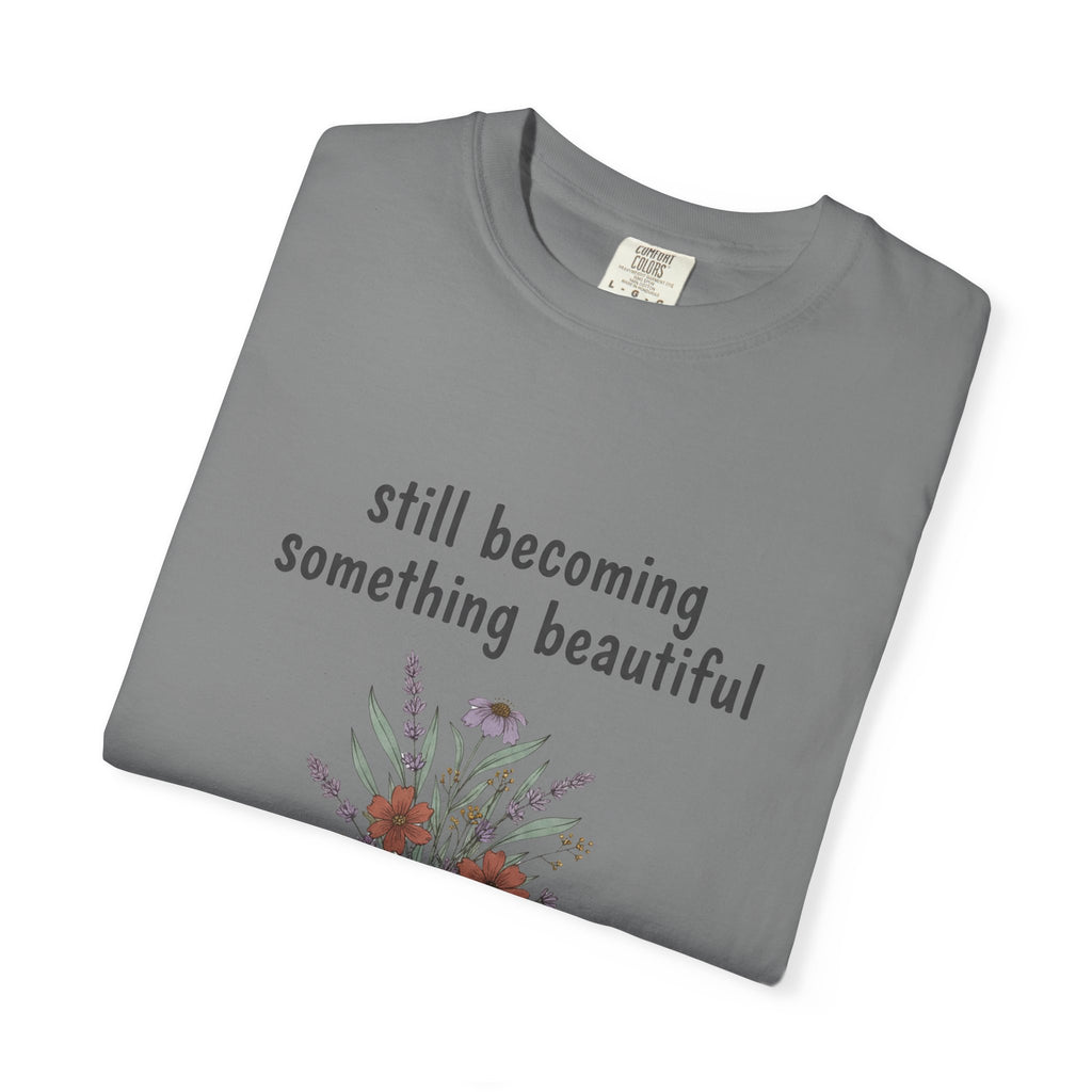 Grace in Progress Faith T-Shirt — Still Becoming Something Beautiful — Vintage Wildflower Christian Tee for Women Healing & Growing
