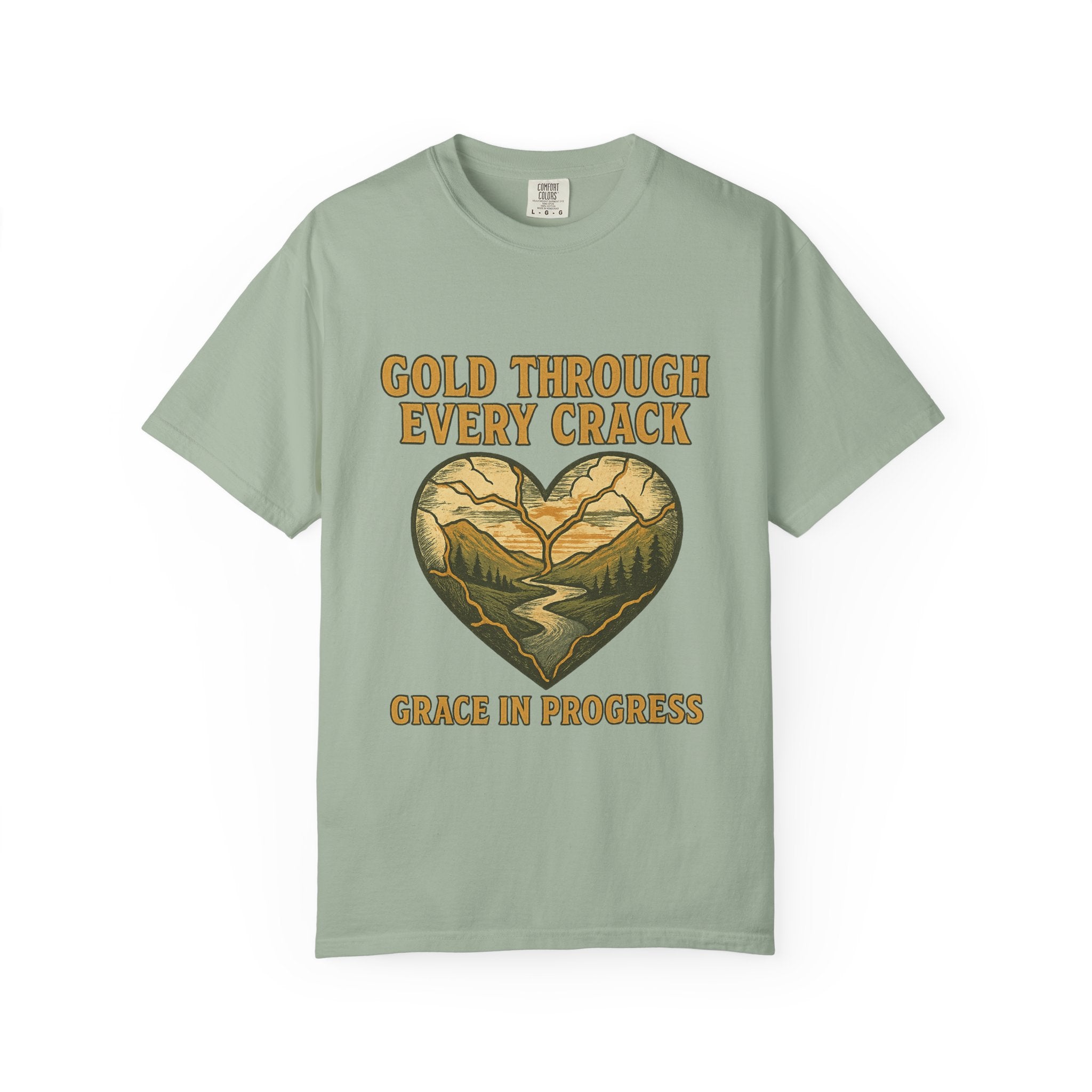 Gold Through Every Crack | Kintsugi Heart Vintage Faith Tee | Grace In Progress | Healing Grief Recovery Shirt | Christian Mental Health Apparel