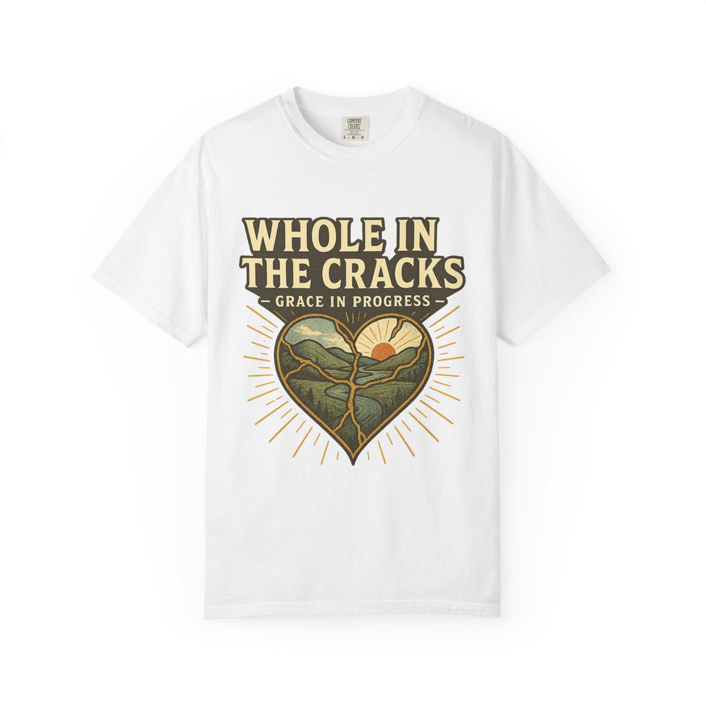 Whole In The Cracks Kintsugi Heart Landscape T-Shirt | Faith Healing Apparel | Recovery Gift | Vintage Screen Print Tee | Grace In Progress