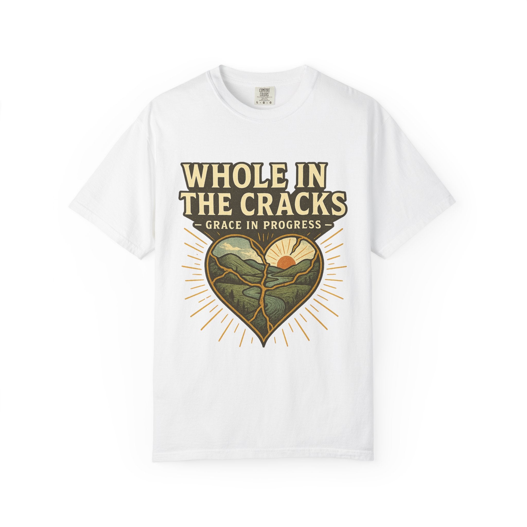 Whole In The Cracks Kintsugi Heart Landscape T-Shirt | Faith Healing Apparel | Recovery Gift | Vintage Screen Print Tee | Grace In Progress