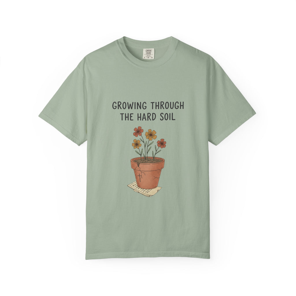Grace in Progress Faith T-Shirt — Growing Through the Hard Soil — Vintage Terracotta Plant Christian Tee | Healing & Growth Design for Women