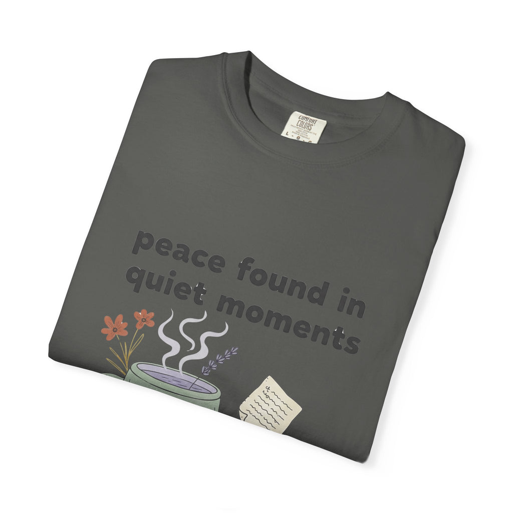 Grace in Progress Anxiety Faith T-Shirt — Peace Found in Quiet Moments — Vintage Christian Tea Mug Tee for Women | Calm Faith Design