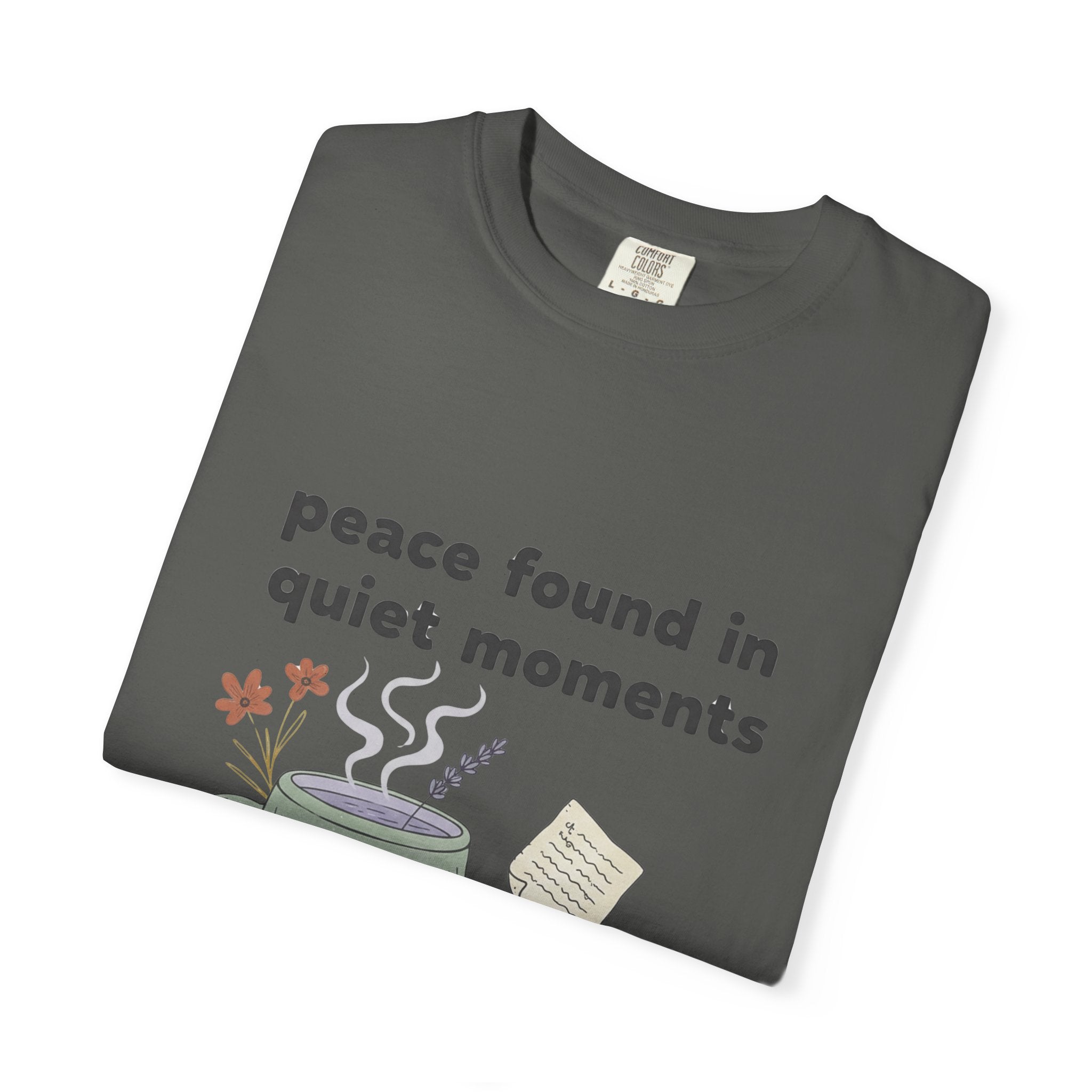 Grace in Progress Anxiety Faith T-Shirt — Peace Found in Quiet Moments — Vintage Christian Tea Mug Tee for Women | Calm Faith Design