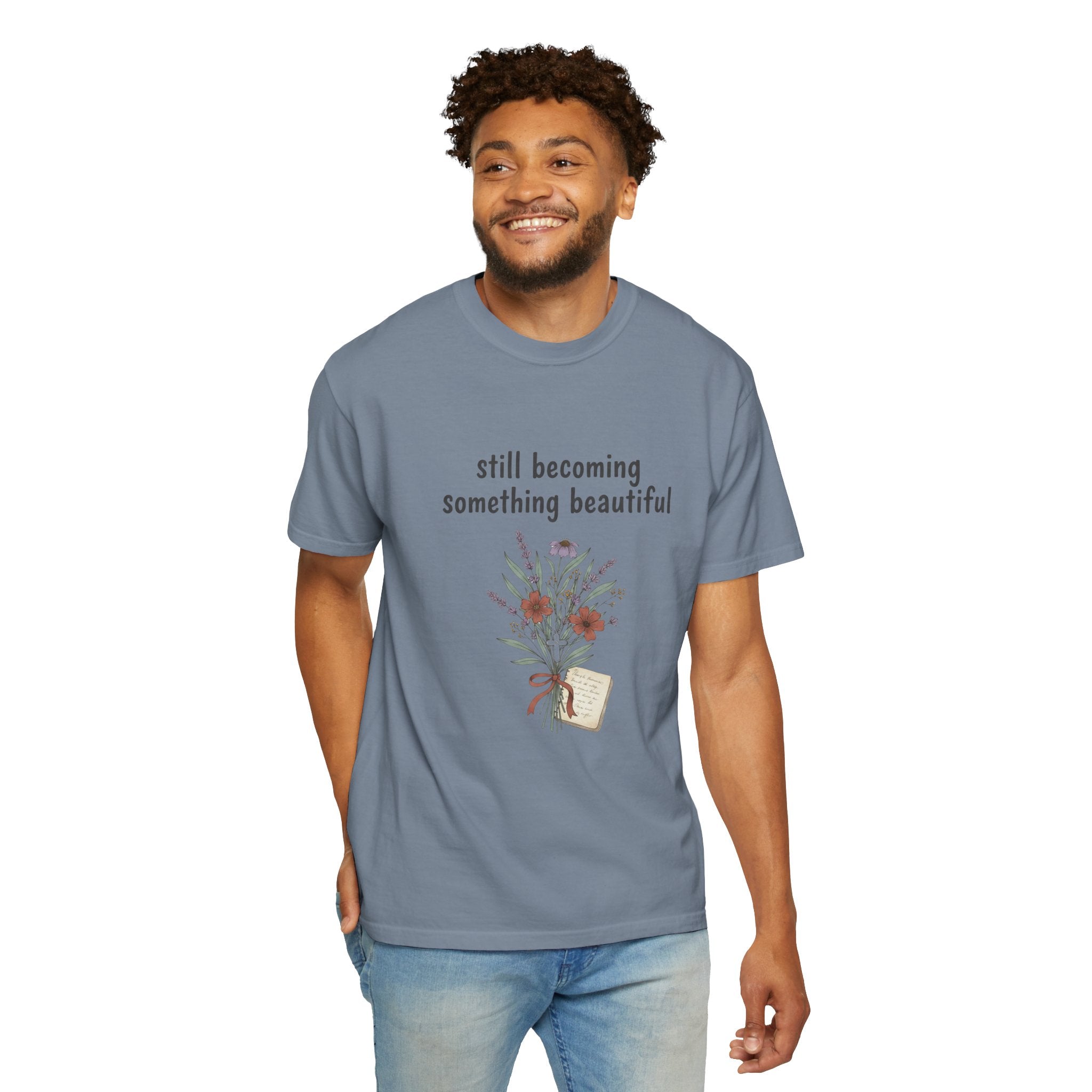 Grace in Progress Faith T-Shirt — Still Becoming Something Beautiful — Vintage Wildflower Christian Tee for Women Healing & Growing