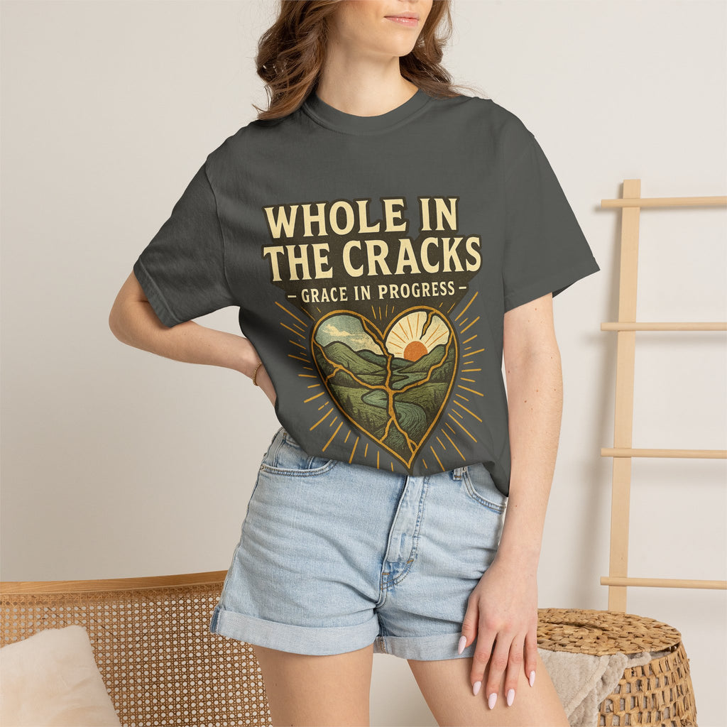 Whole In The Cracks Kintsugi Heart Landscape T-Shirt | Faith Healing Apparel | Recovery Gift | Vintage Screen Print Tee | Grace In Progress
